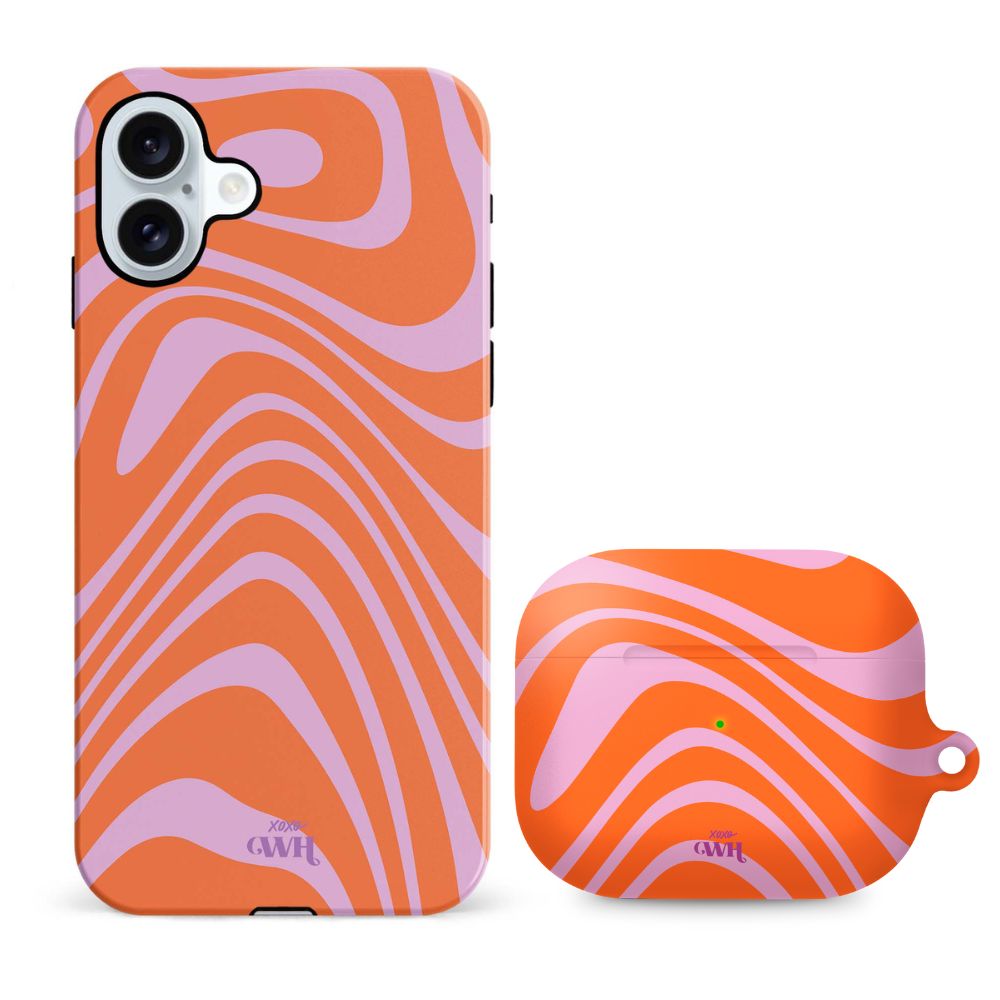 xoxo Wildhearts - xoxo Wildhearts telefoonhoesje geschikt voor iPhone 16 Plus met AirPods Pro (2) hoesje - set - Boogie Wonderland Orange - Double Layer - Telefoonhoesje met dubbele beschermlaag - Hoesje met golvend patroon - Golven - Oranje met Paars