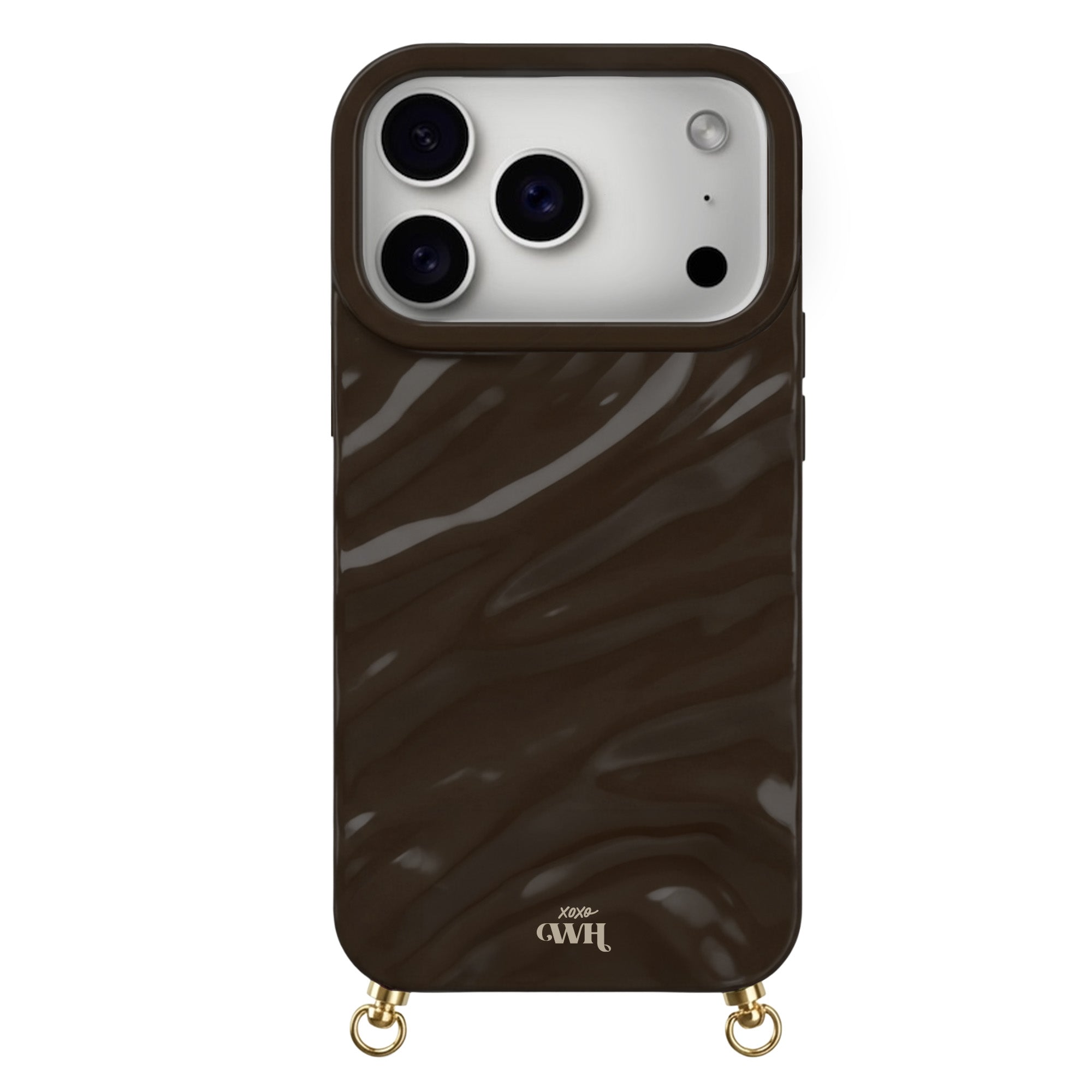 Brown Glaze Cord Case for iPhone with wavy texture, gold hardware, and "xoxo GWH" logo.