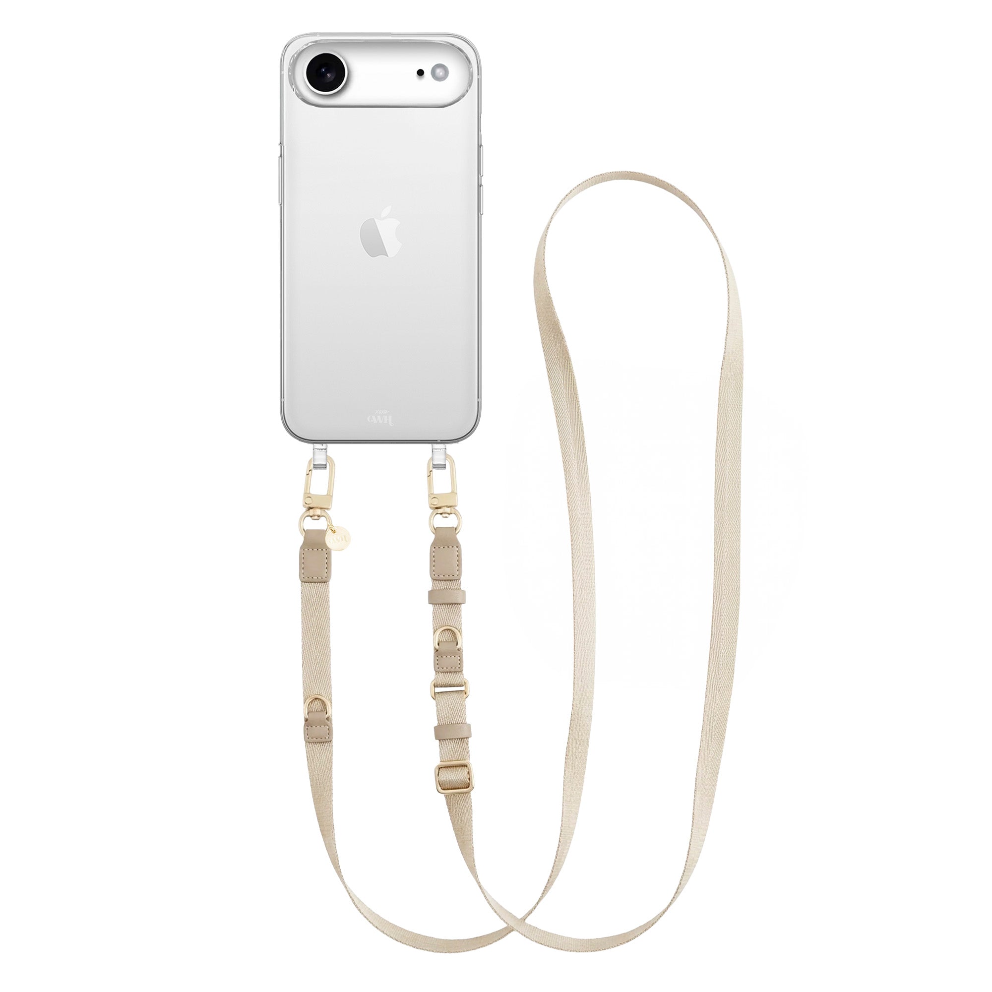 Transparant iPhone 17 Air hoesje met beige lanyard strap en gouden details.