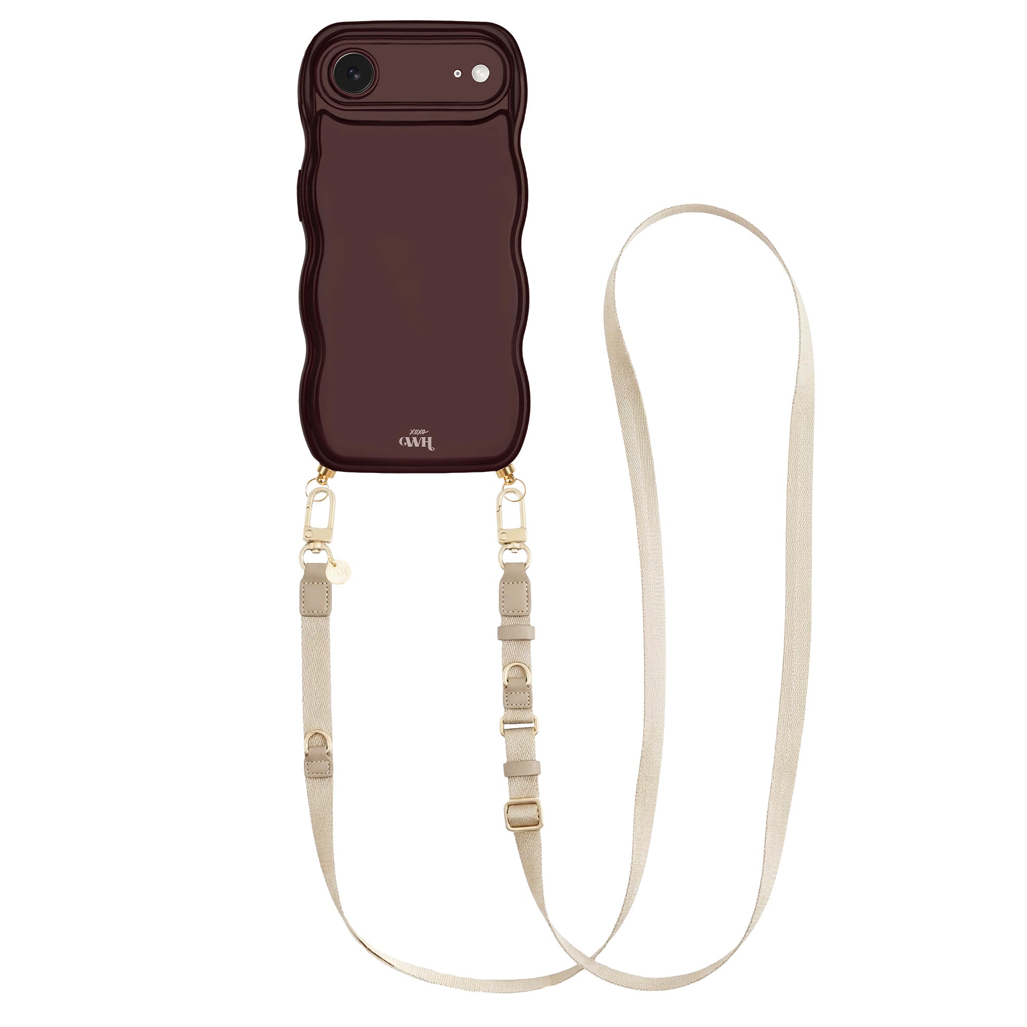 Glossy burgundy iPhone 17 Air case with wavy texture and beige adjustable lanyard strap.