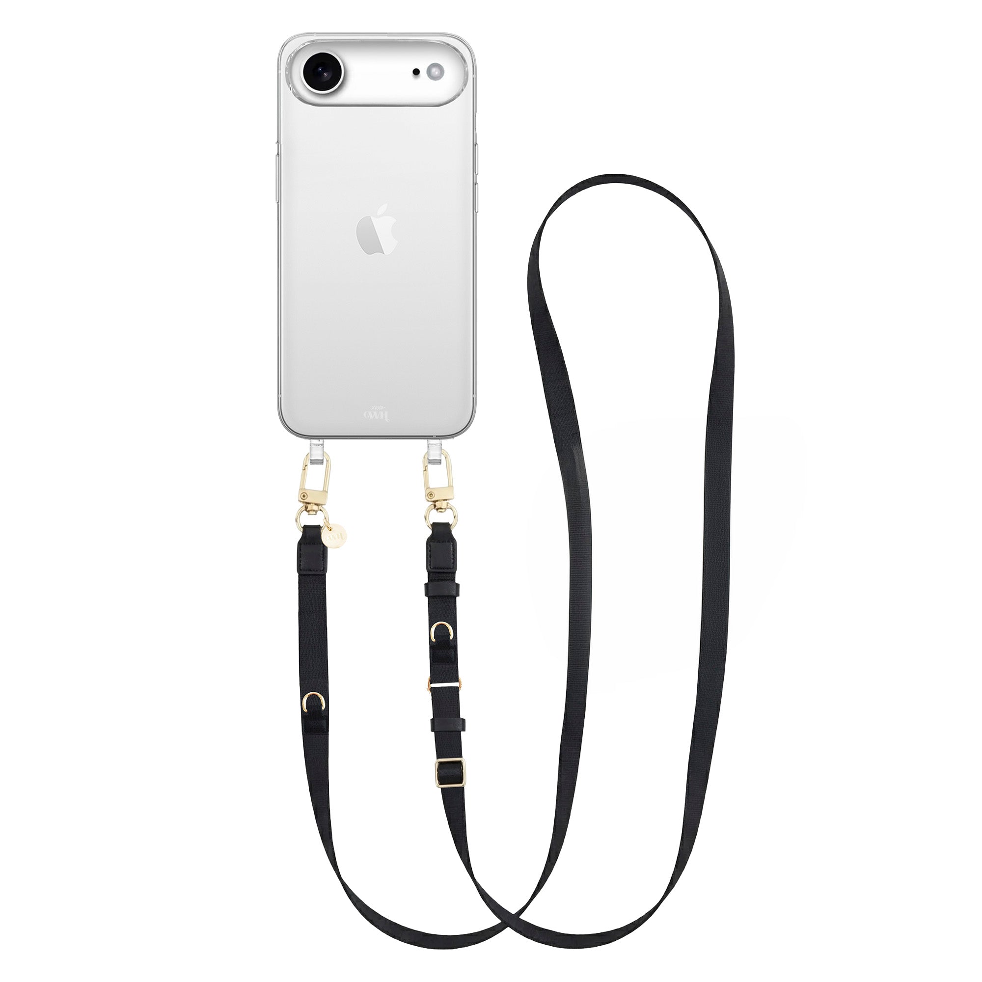 Transparant iPhone 17 Air hoesje met zwarte verstelbare lanyard strap en gouden details.