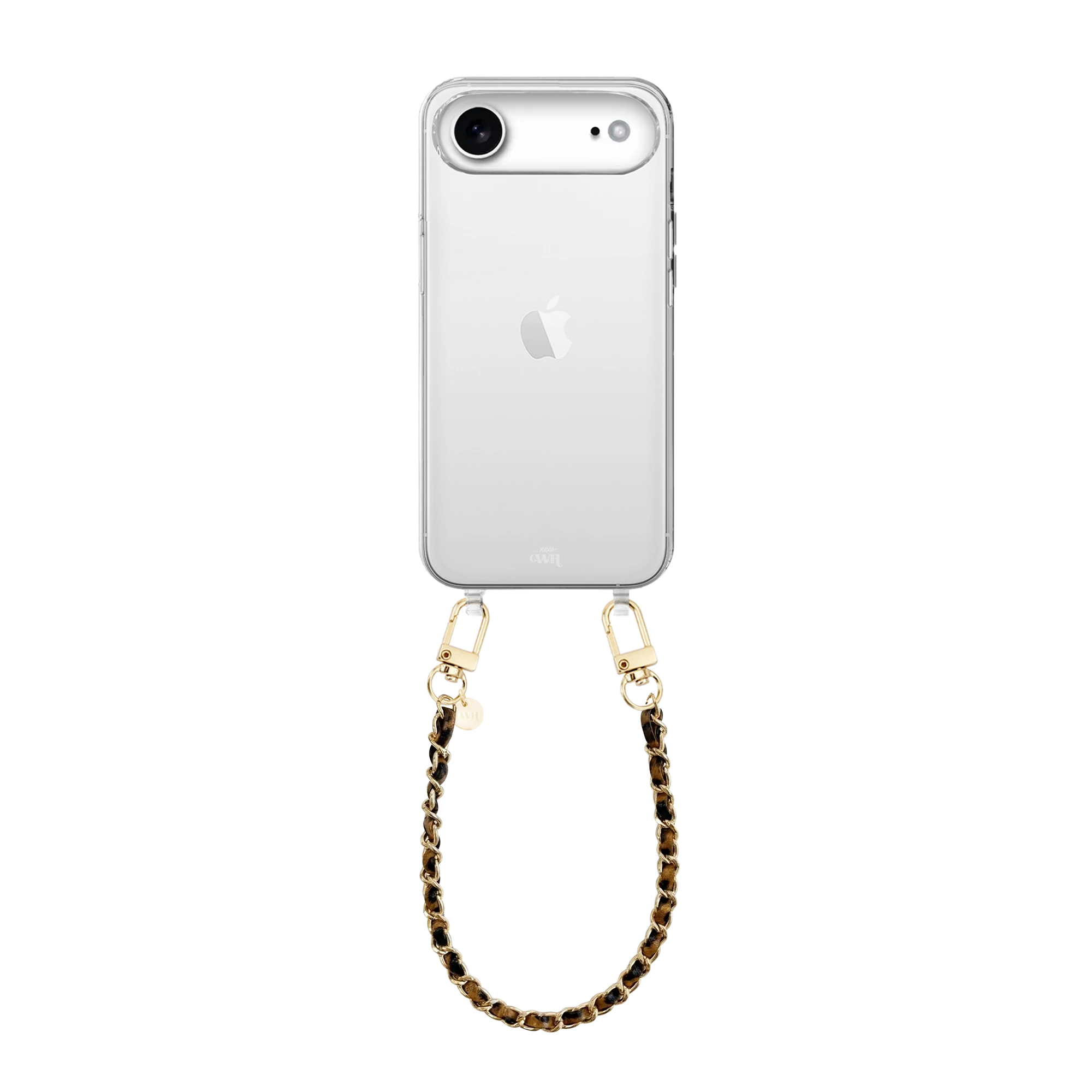 Transparant iPhone 17 Air hoesje met korte Classic Chain Leopard polsband en gouden details.