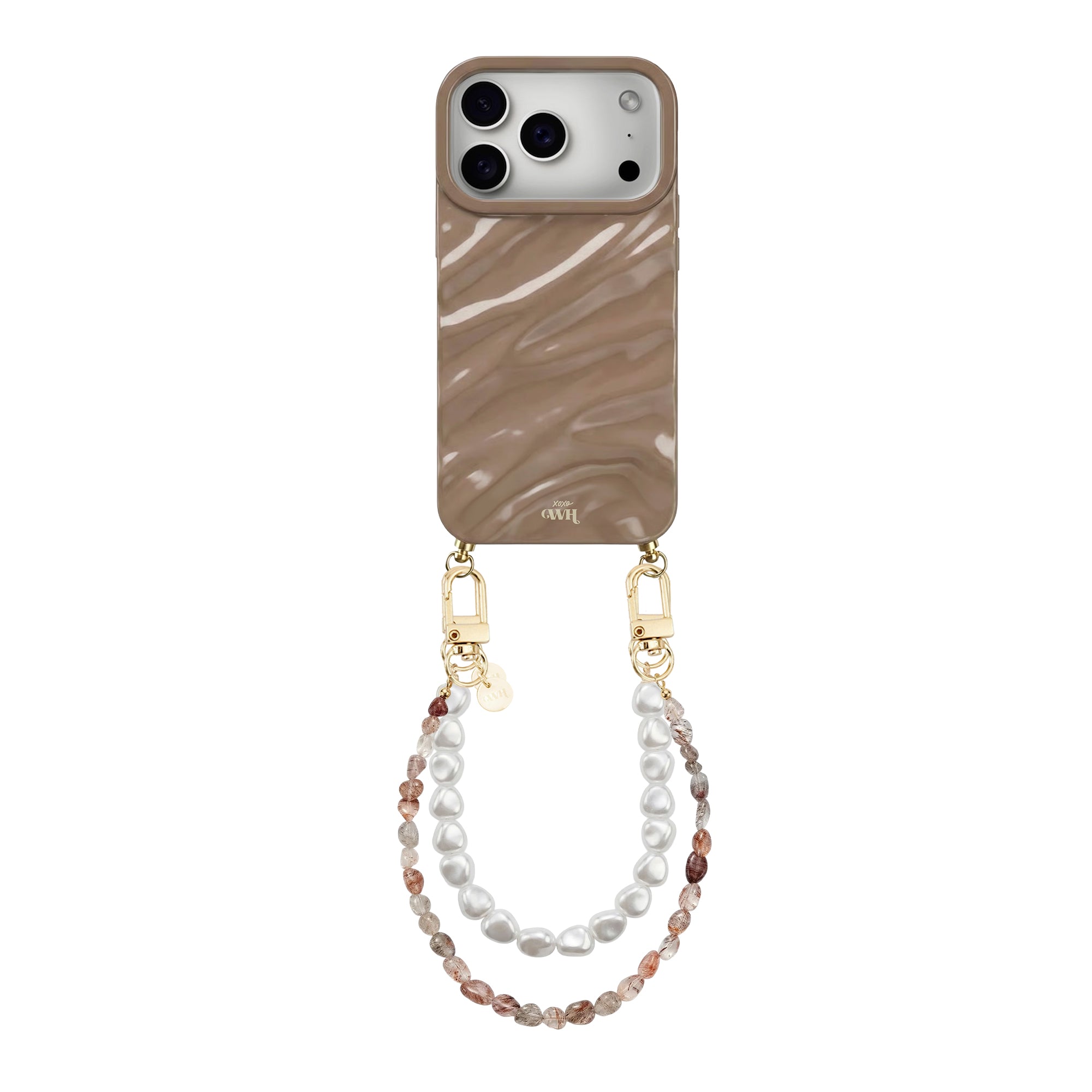 iPhone 17 Pro Max Glaze Cord Case in soft taupe with a pearl wristlet and gold hardware.