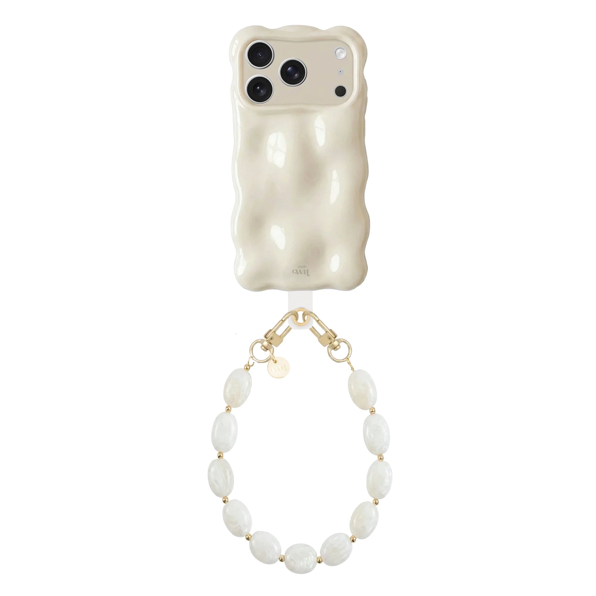 Crèmekleurige Bubbly iPhone 17 Pro case met golvende vorm en korte Ocean Sand koord met parellook kralen.