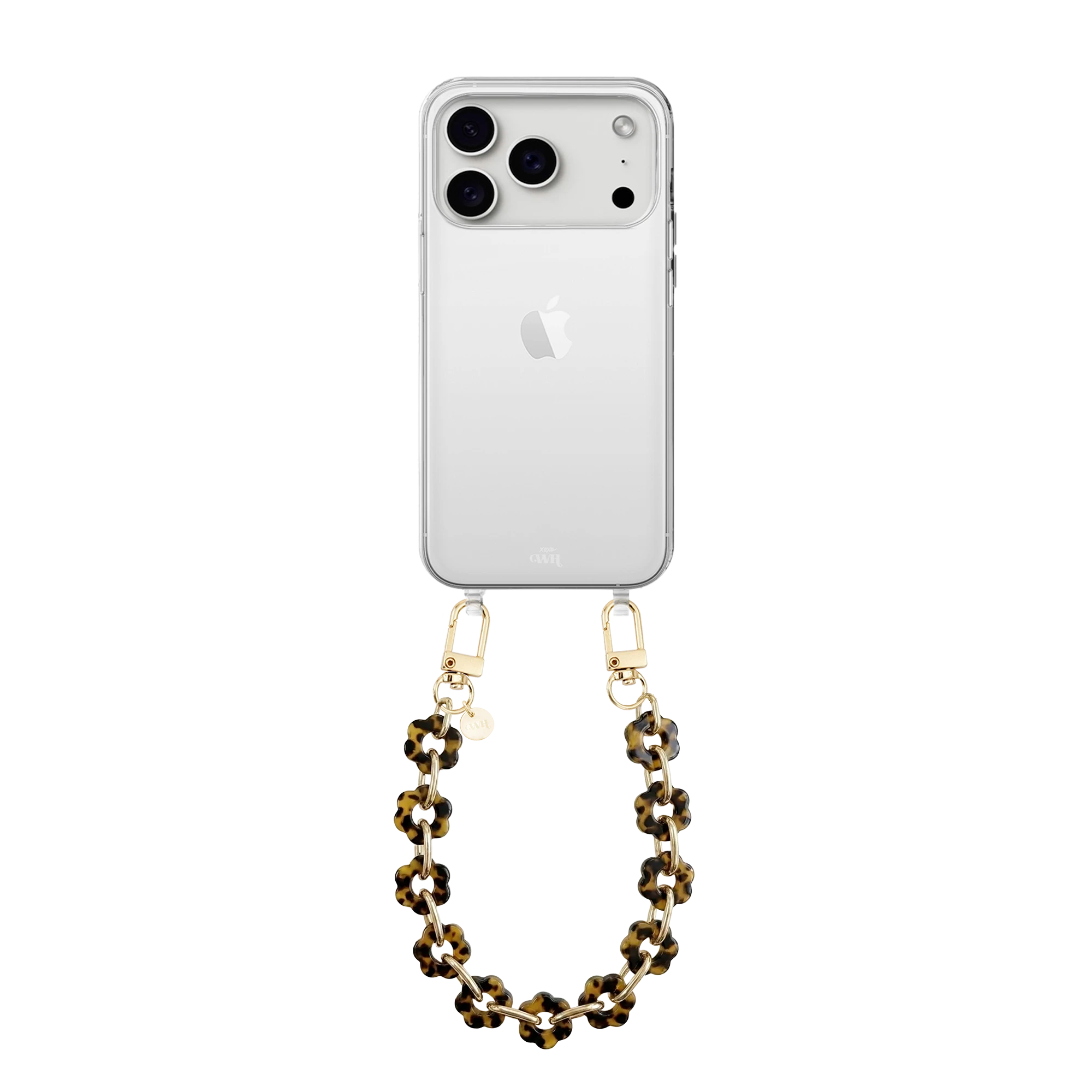 Transparant iPhone 17 Pro hoesje met een kort Leopard Flowers koord van bloemvormige, luipaardprint kralen en gouden haken.