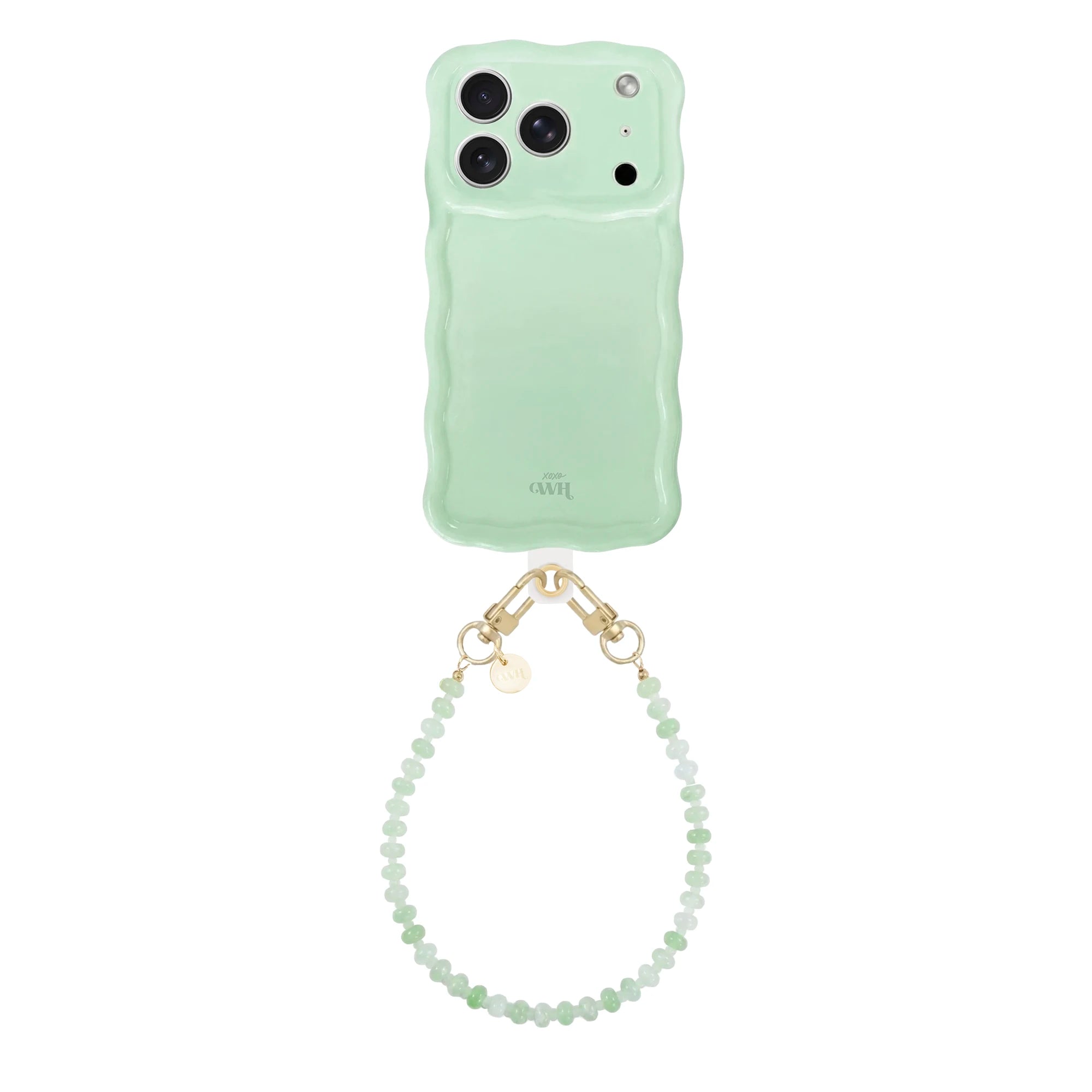 Glossy Wavy Case Sage Sorbet voor iPhone 17 Pro met kort Dusty Green kralenkoord.