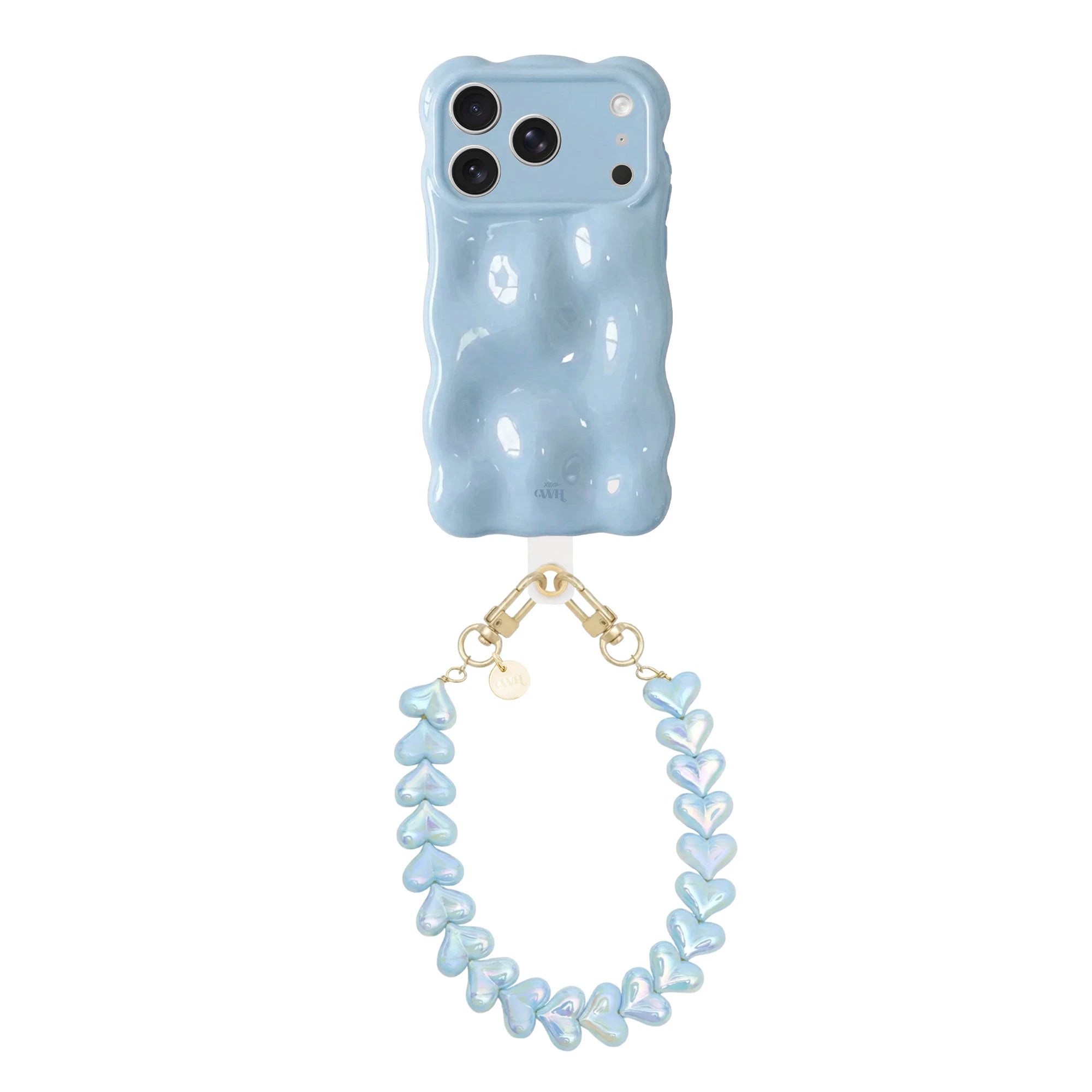 Bubbly Ice Blue iPhone 17 Pro case with wavy design and Funky Hearts Cord (Blue metallic).