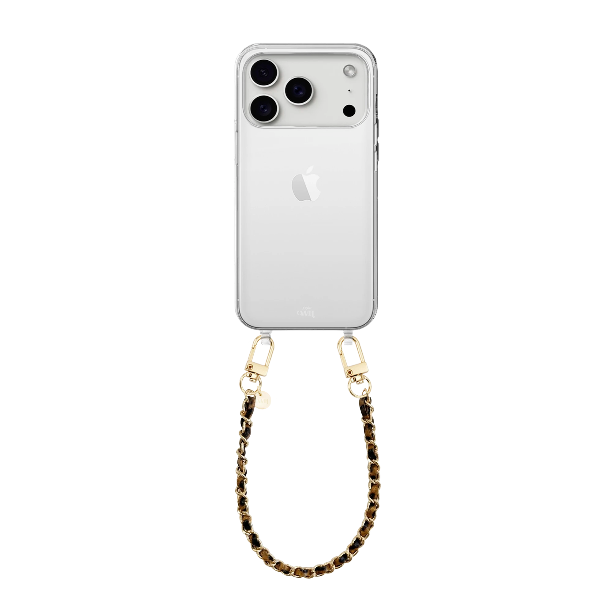 iPhone 17 Pro transparant cord case met korte Classic Chain Leopard en gouden details.