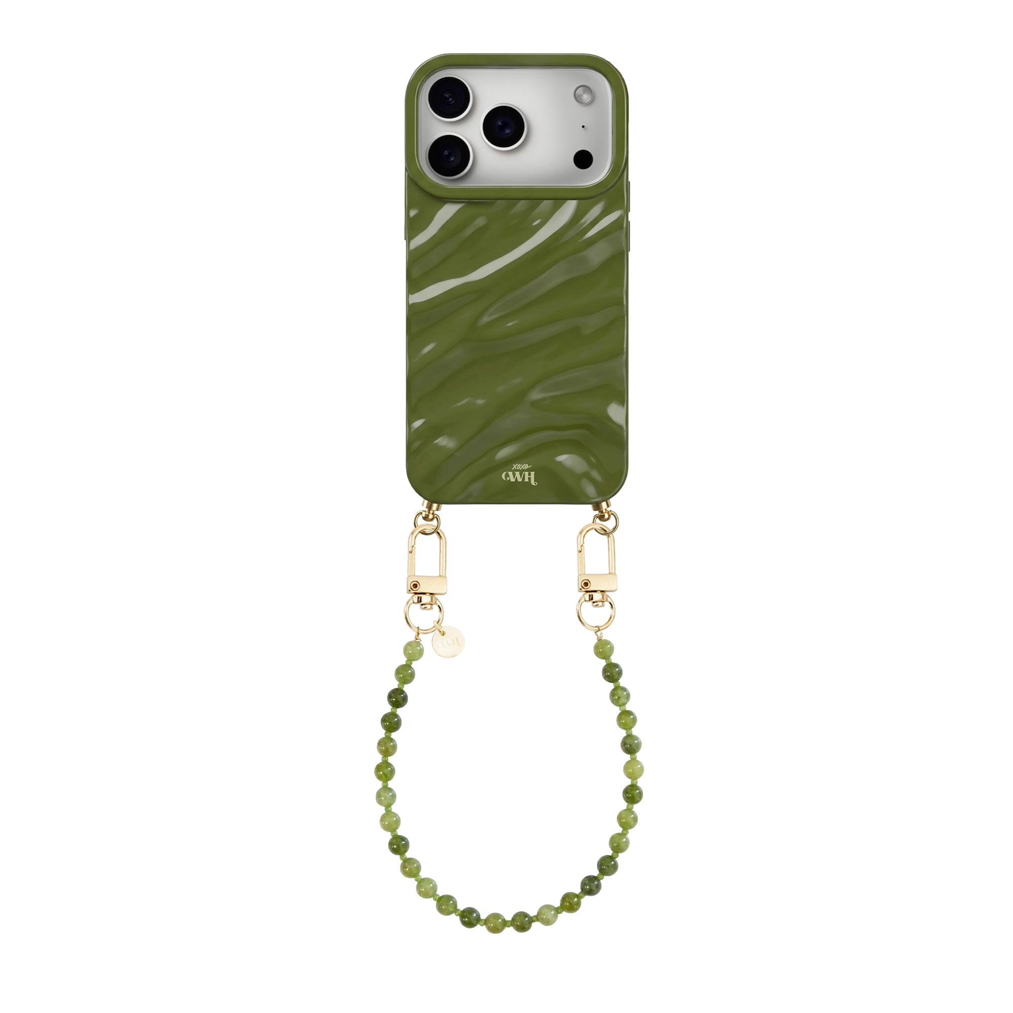 Glanzende Deep Olives iPhone 17 Pro hoes met golvend design en bijpassend kort koord van groene kralen.