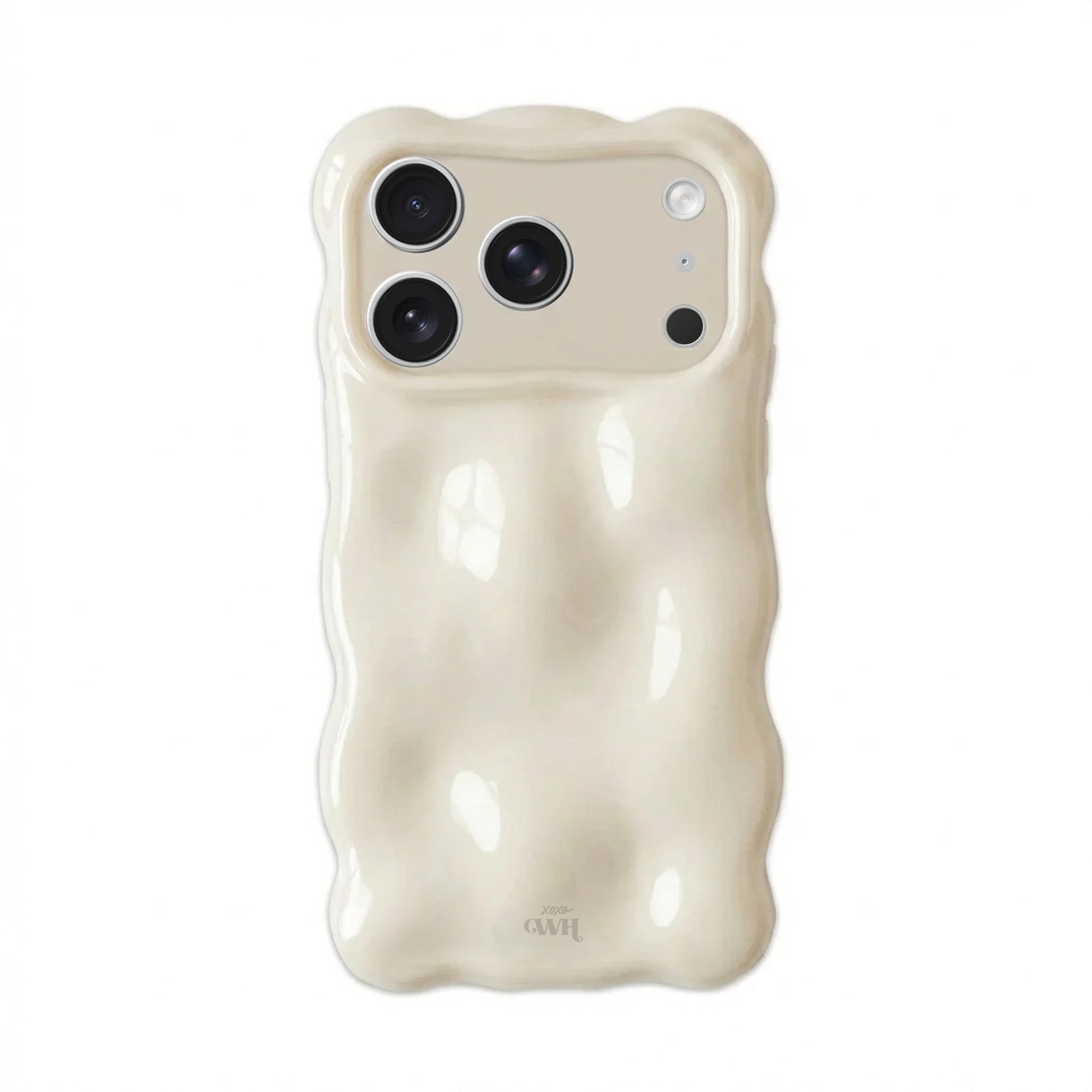 Witte Bubbly Case Cloud Dancer voor iPhone 17 Pro Max, met parelmoerachtige, golvende textuur en camera cover.