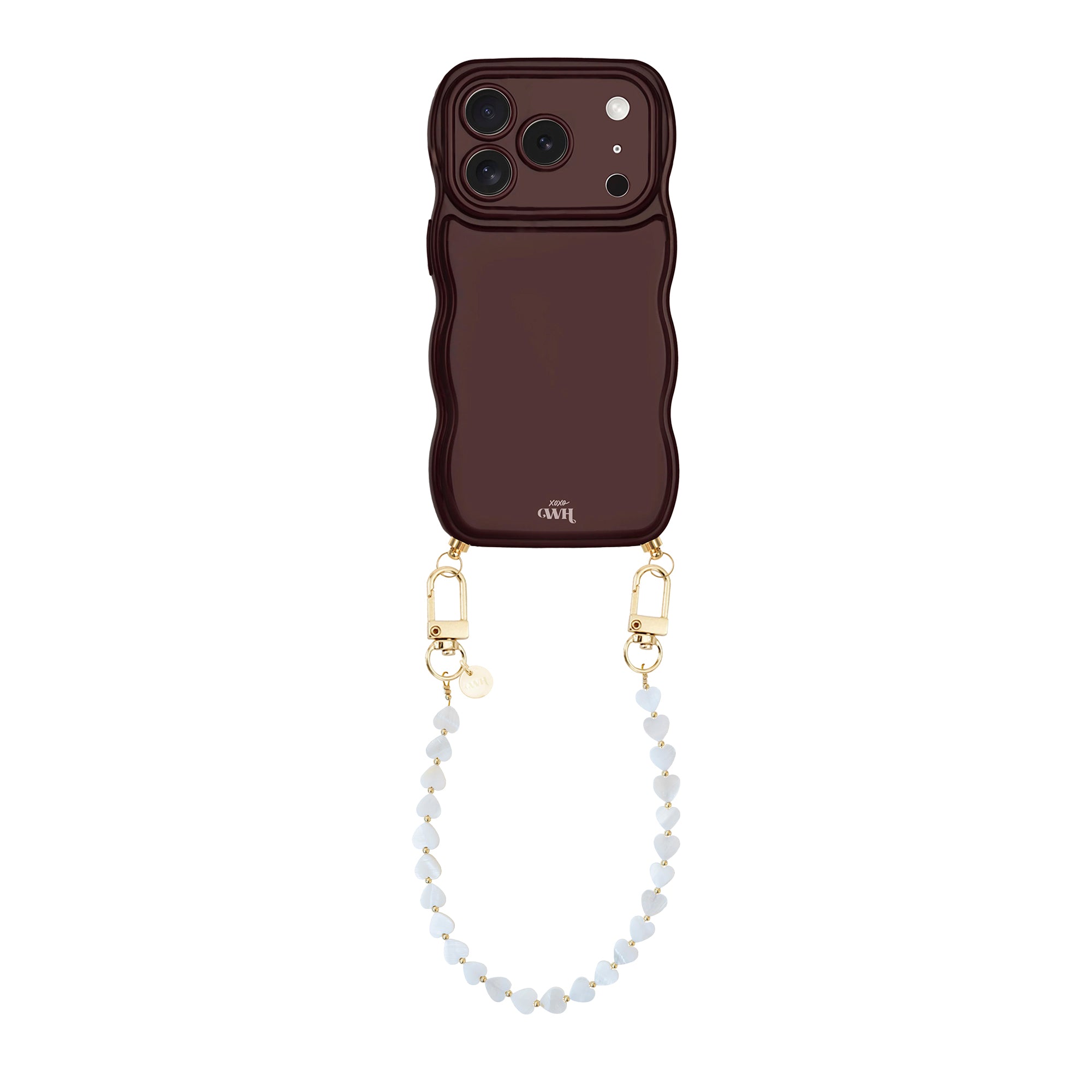 Glossy Wavy Cord Case Burgundy - Shell Hearts - Beige (short) - iPhone 17 Pro Max