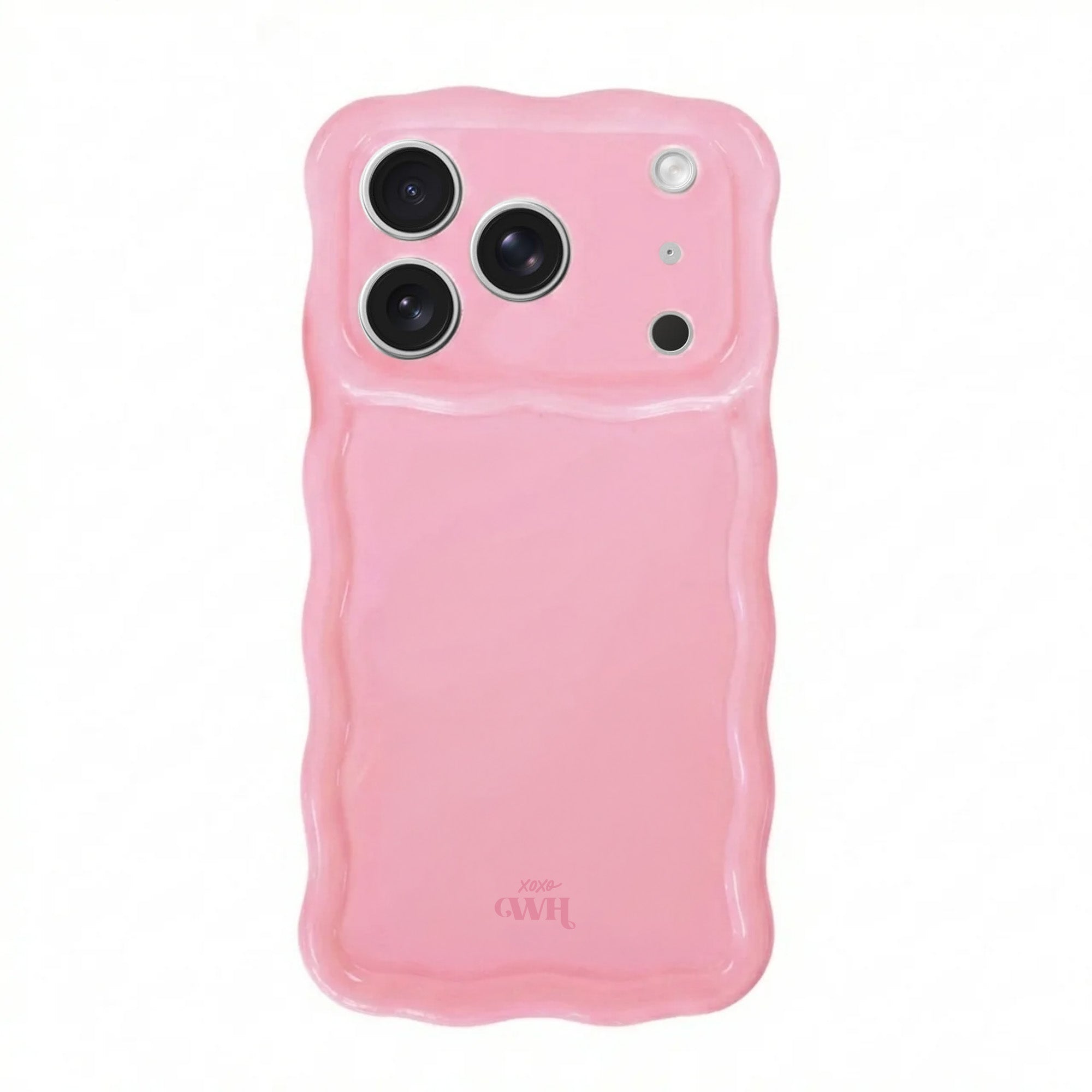 Glossy Wavy Case Bubble Blush voor iPhone 17 Pro, een roze telefoonhoesje met golvend design.