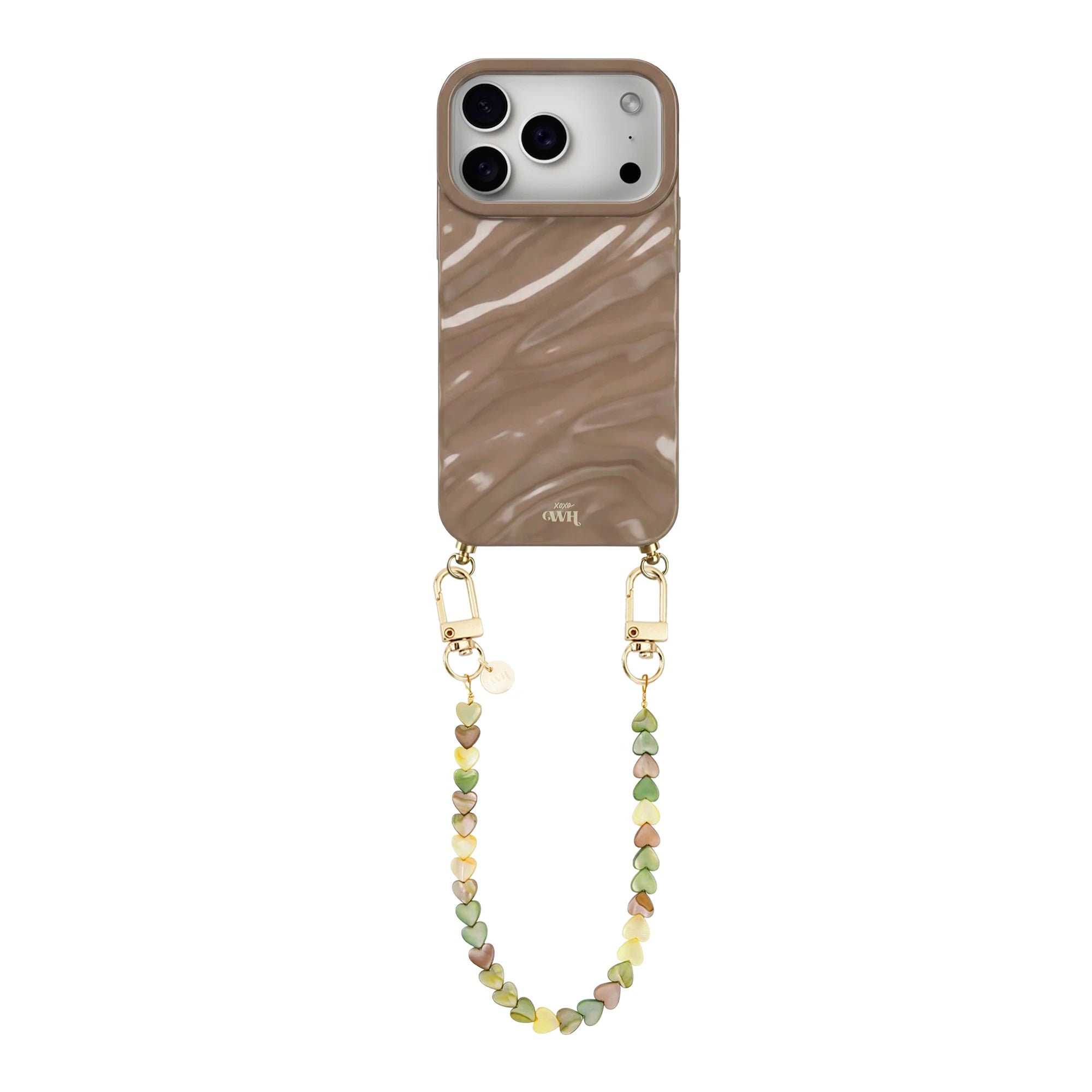 Taupe Glaze Cord Case - Shell Hearts Olives (short) - iPhone 17 Pro