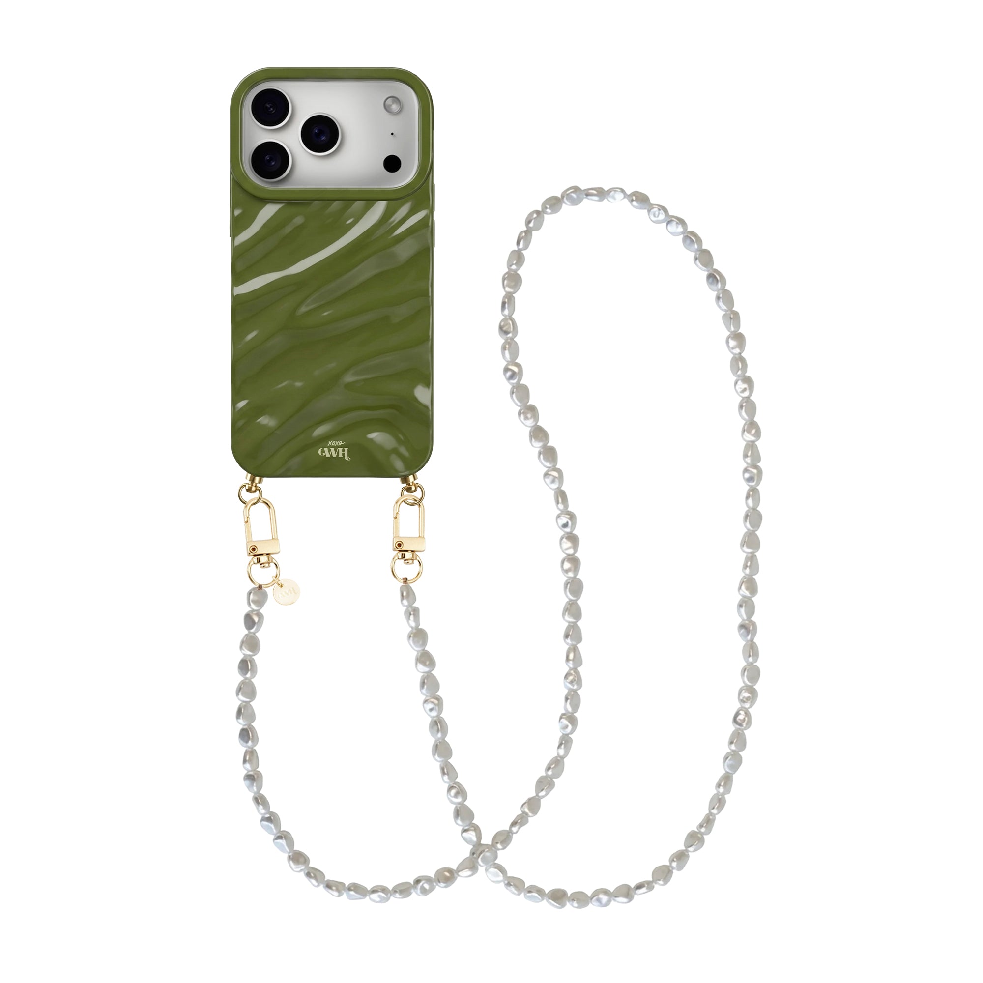 Glanzend diepgroen iPhone 17 Pro hoesje met golvend patroon en een lang wit parelkoord met gouden details.