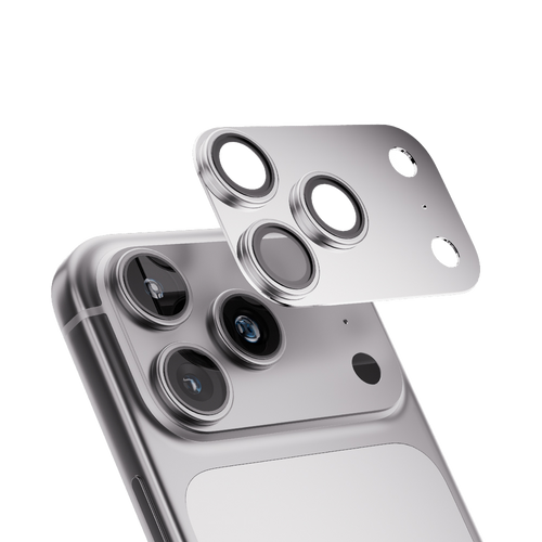 Zilveren iPhone 18 Pro Max camera lens protector van gehard glas, zwevend boven de cameralenzen.