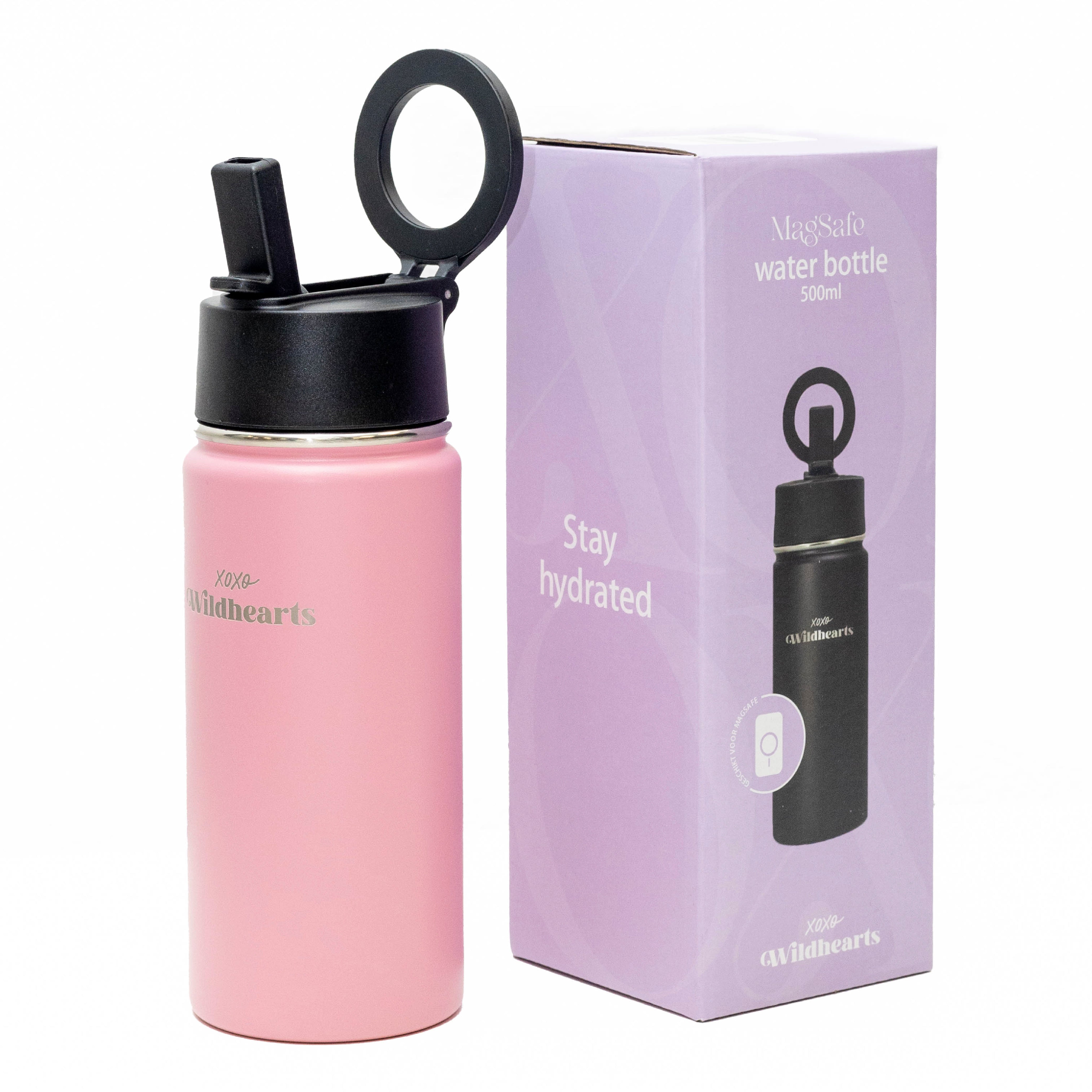 xoxo Wildhearts Water Bottle with MagSafe Ring - 500ml - 16oz (Pink)