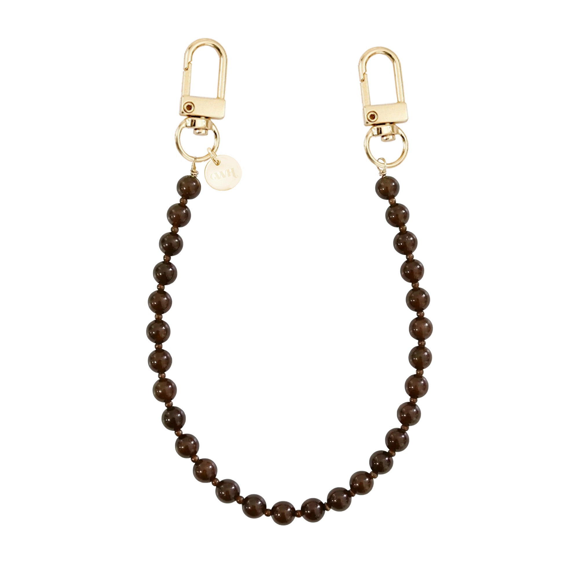 Kort Brown Sugar koord met glanzende bruine kralen en gouden karabijnhaken.