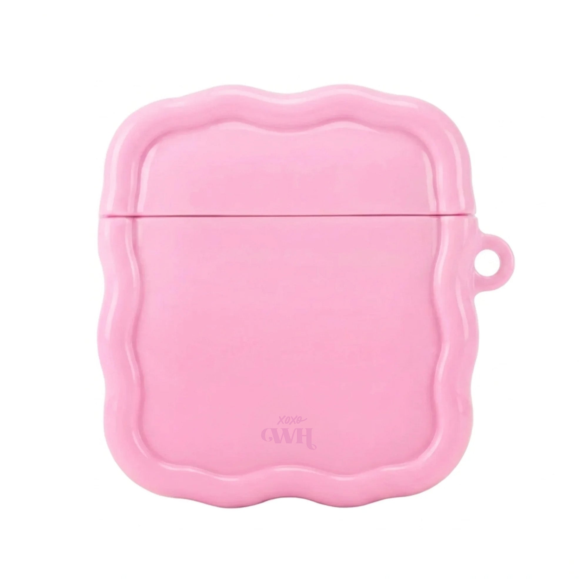 Roze glanzende Bubble Blush AirPods case met organisch, golvend design en xoxo Wildhearts logo.