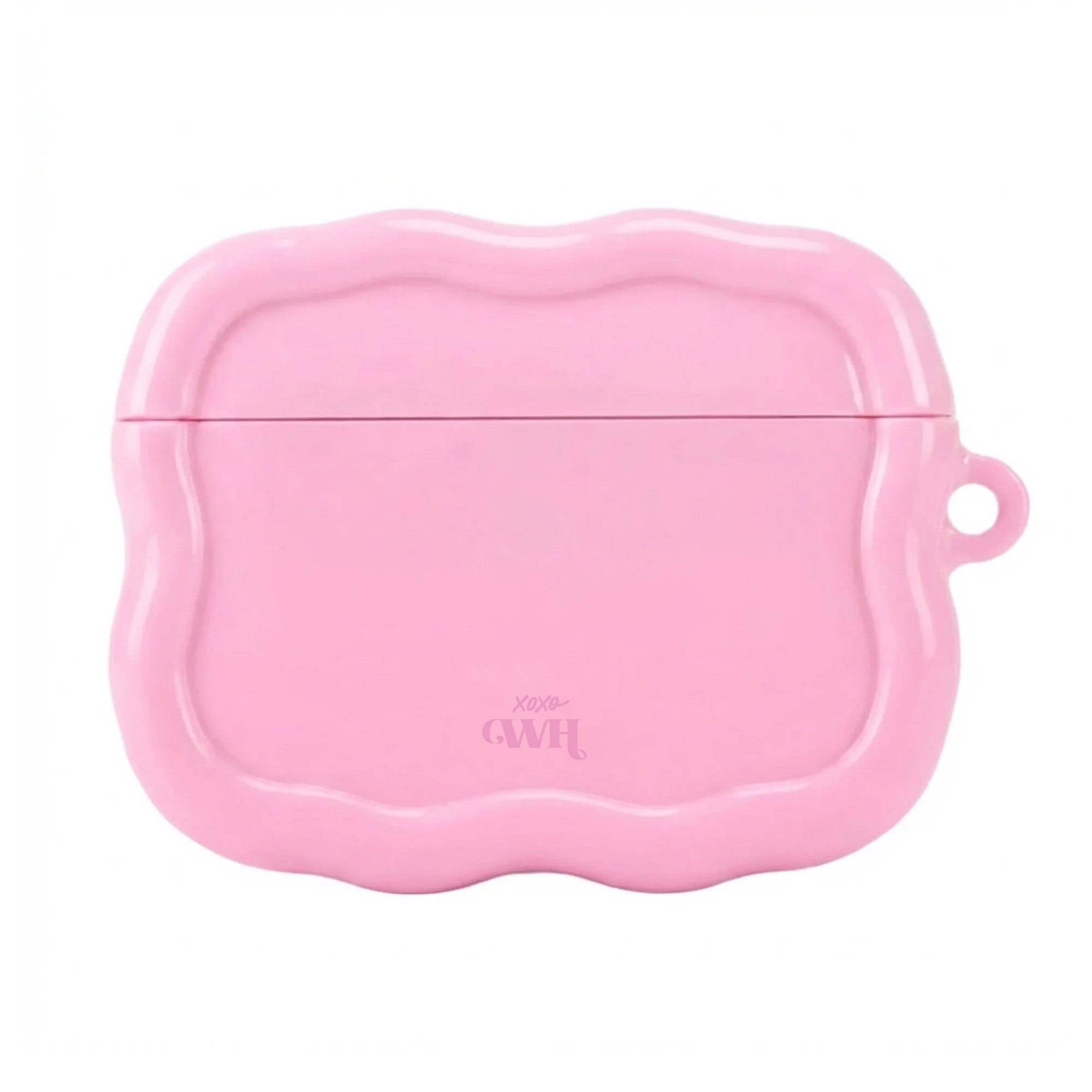 Glanzend zachtroze Bubble Blush AirPods hoesje met organisch bubbeldesign en xoxo GWH logo.