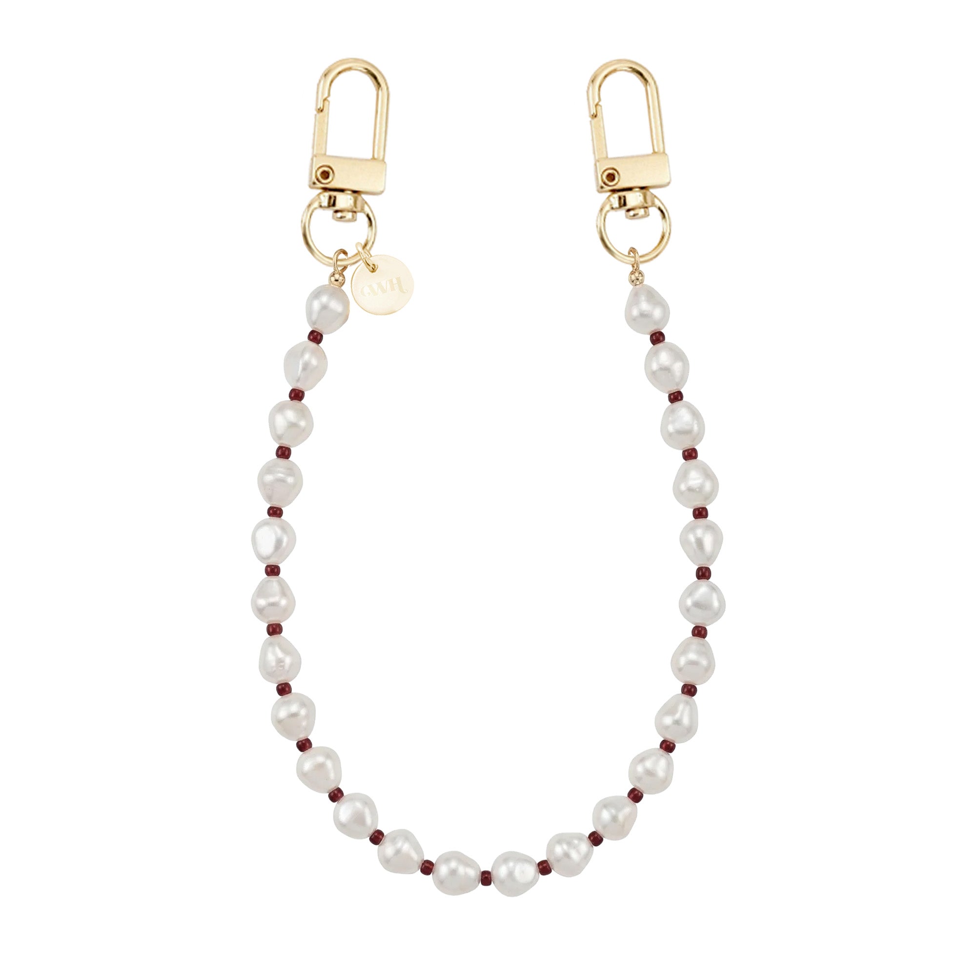 Kort Burgundy Pearl koord met witte parels, bordeauxrode kralen en gouden karabijnhaken.