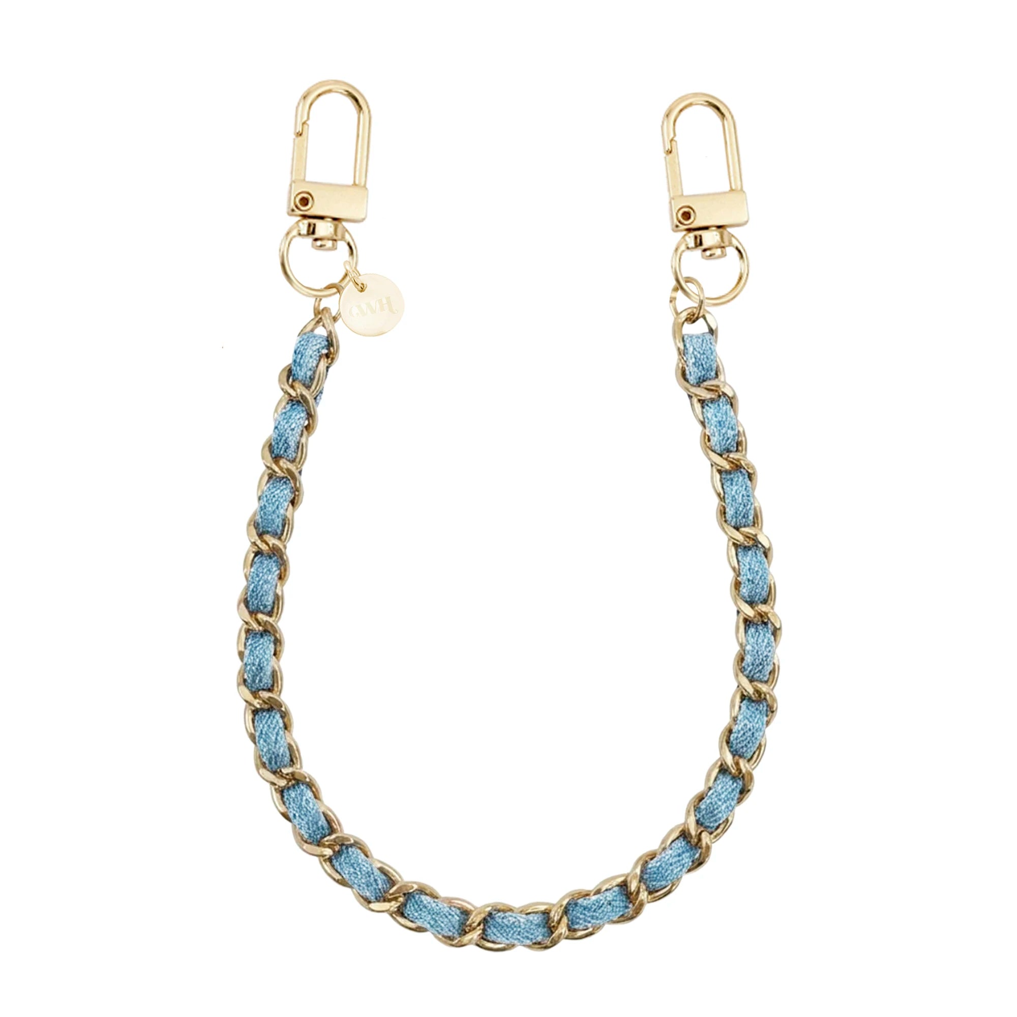 Korte Classic Chain Denim telefoonband met gouden schakels en karabijnhaken.