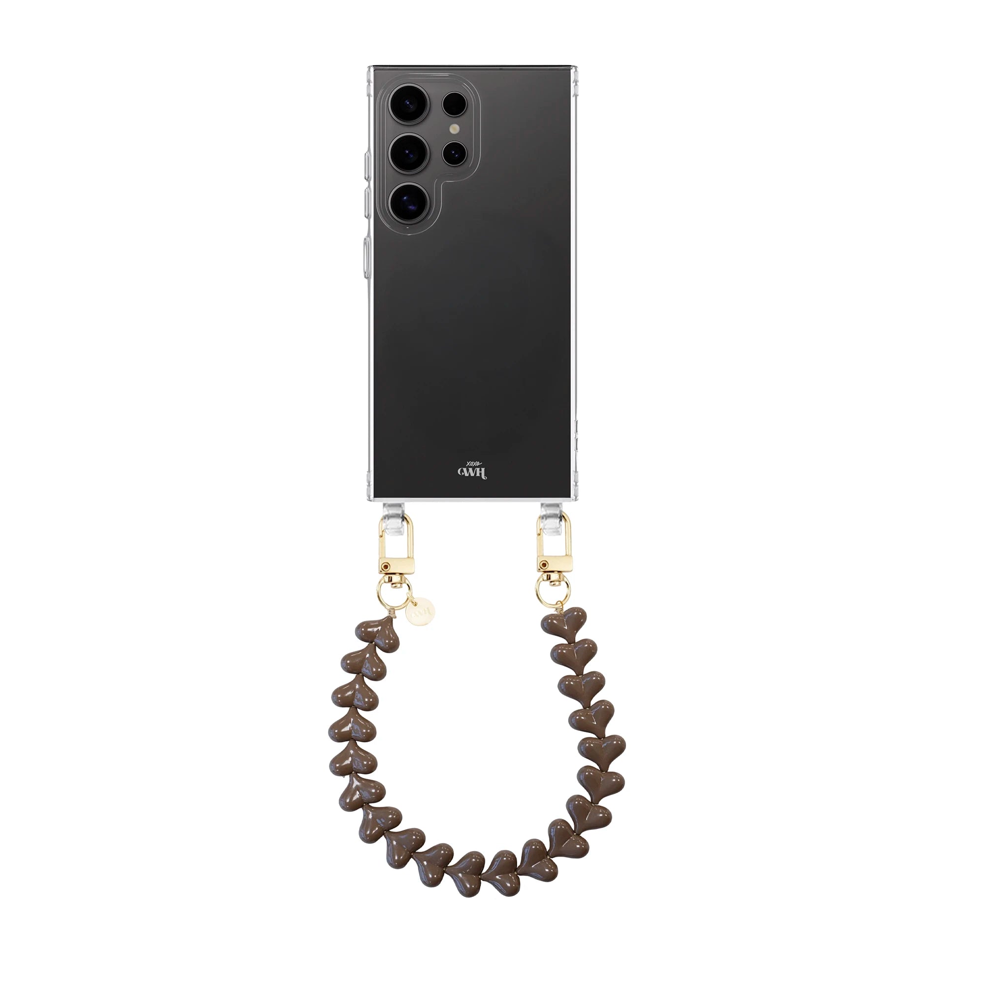 Funky Hearts Dark Brown Transparant Cord Case - Samsung Galaxy S23 Ultra