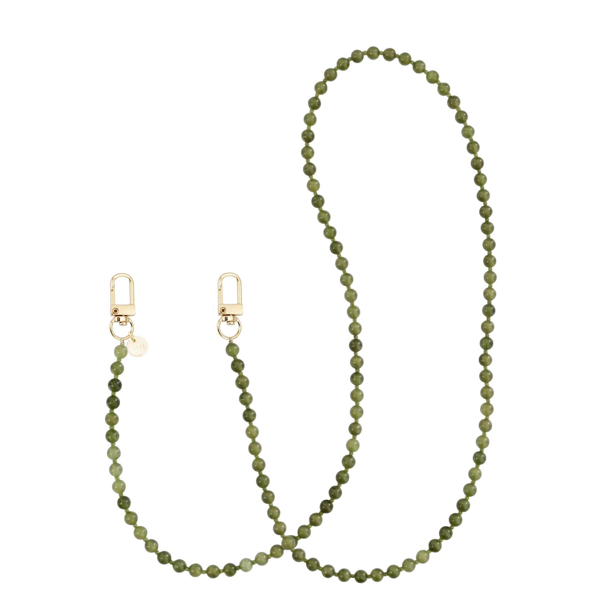 Lang Deep Olives koord met diepgroene kralen en gouden karabijnhaken.