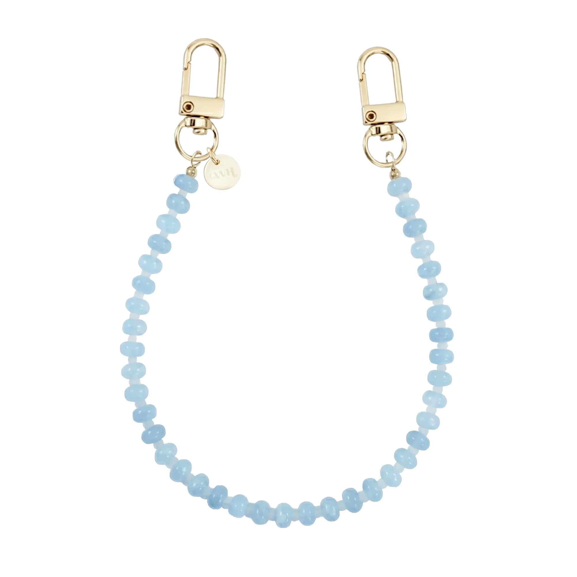Kort Dusty Blue telefoonkoord met lichtblauwe kralen en gouden karabijnhaken.