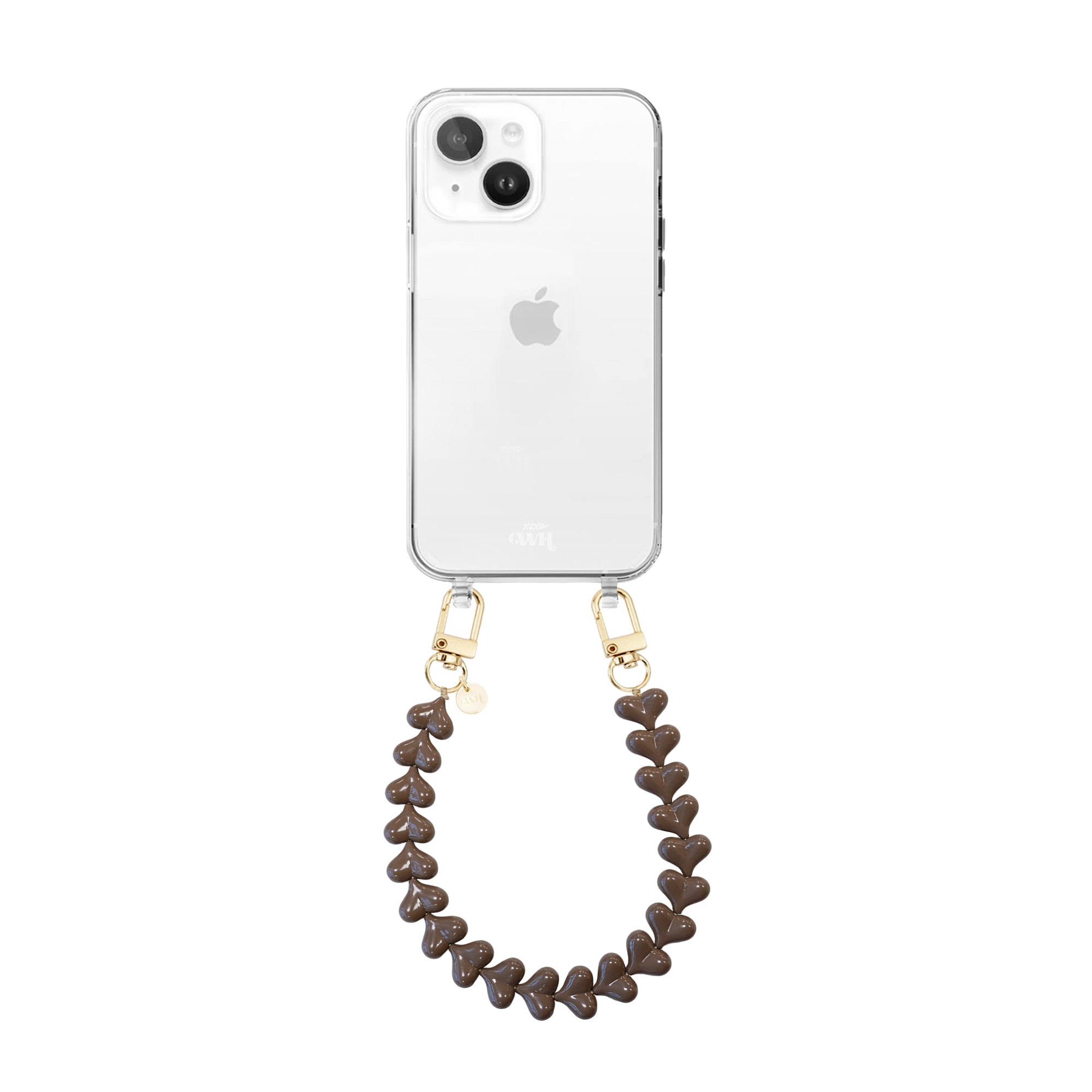 xoxo Wildhearts iPhone 13 Mini - Funky Hearts (Dark Brown) Transparant Cord Case