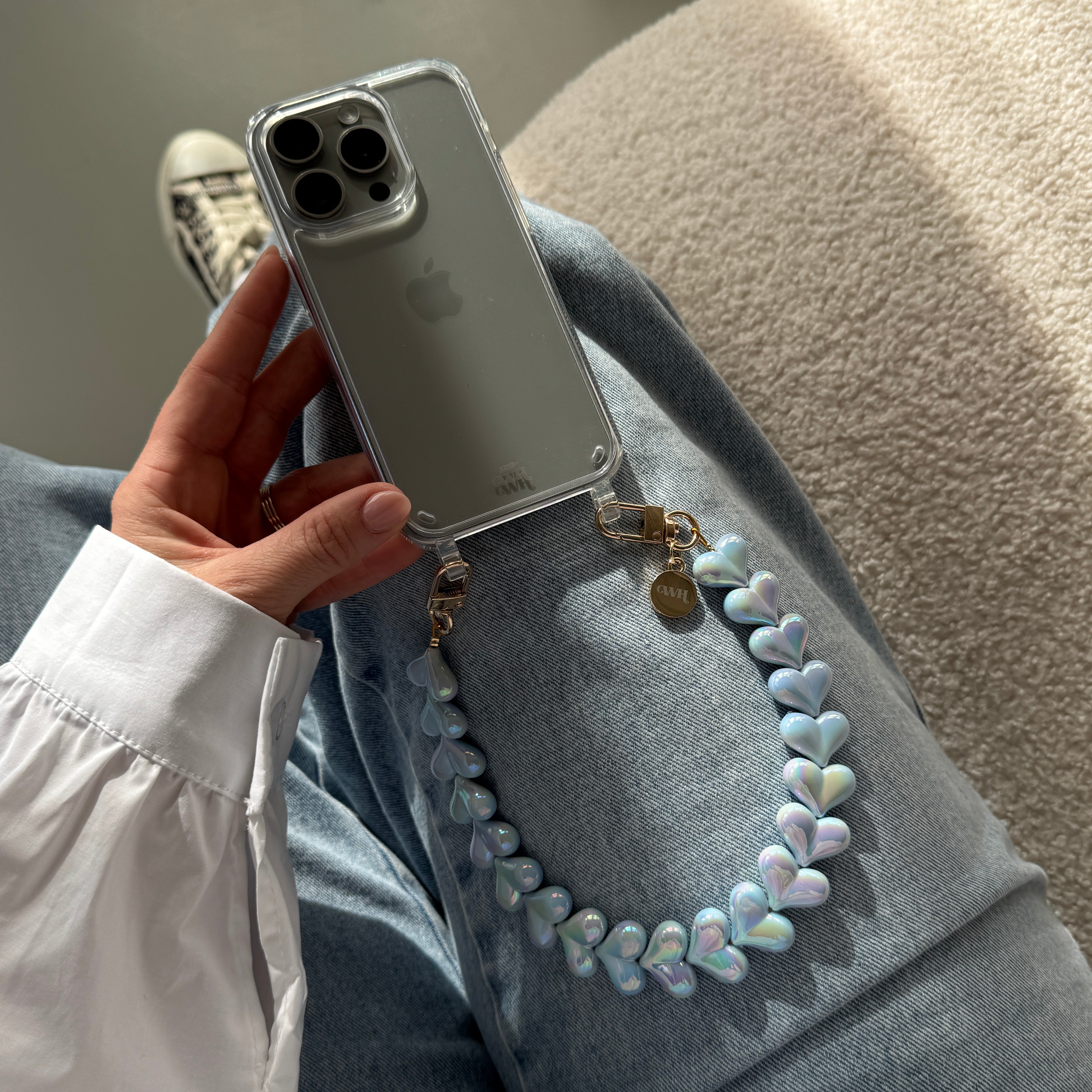 xoxo Wildhearts iPhone 12 - Funky Hearts (Blue Metallic) Transparant Cord Case