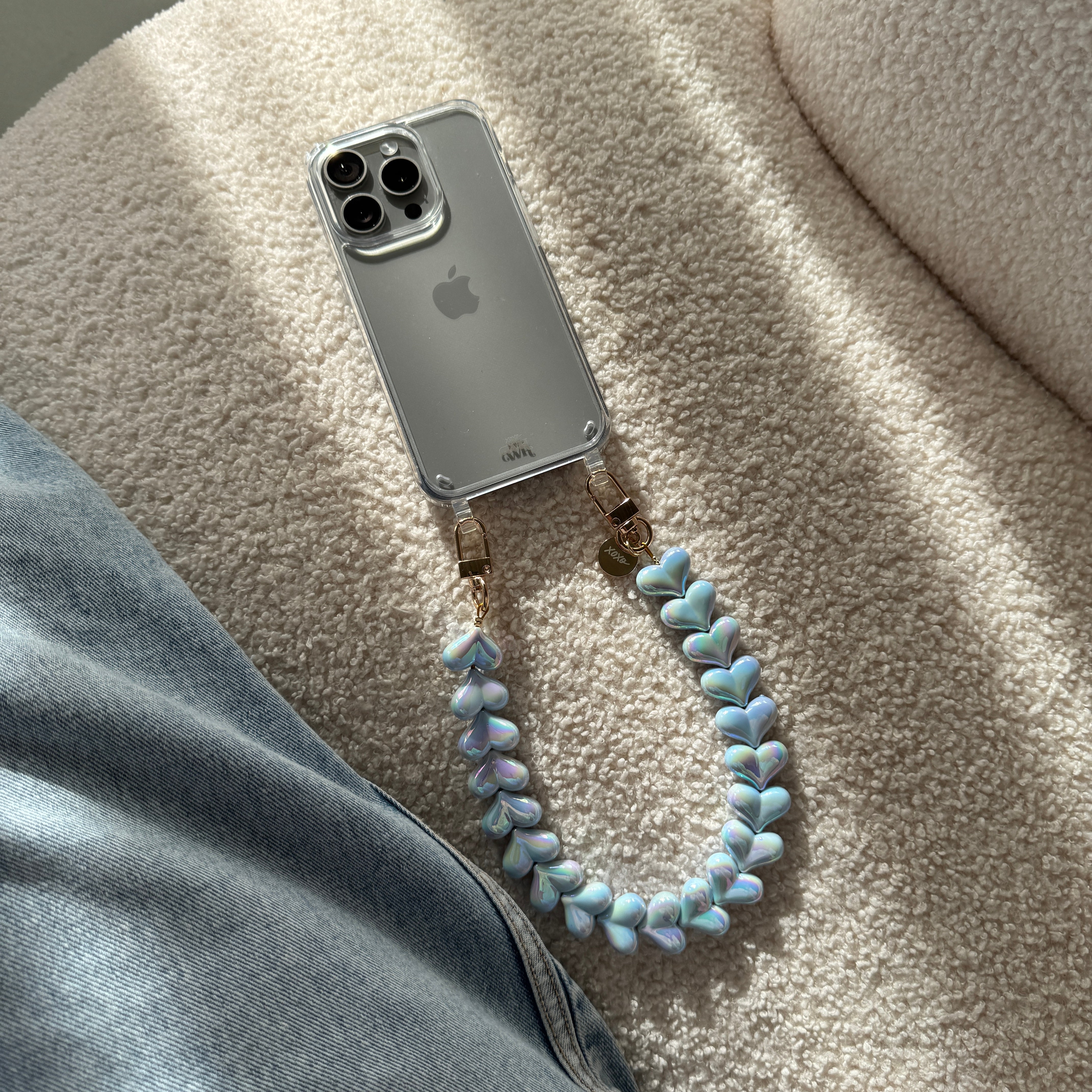 xoxo Wildhearts iPhone 17 Air - Funky Hearts (Blue Metallic) Transparant Cord Case