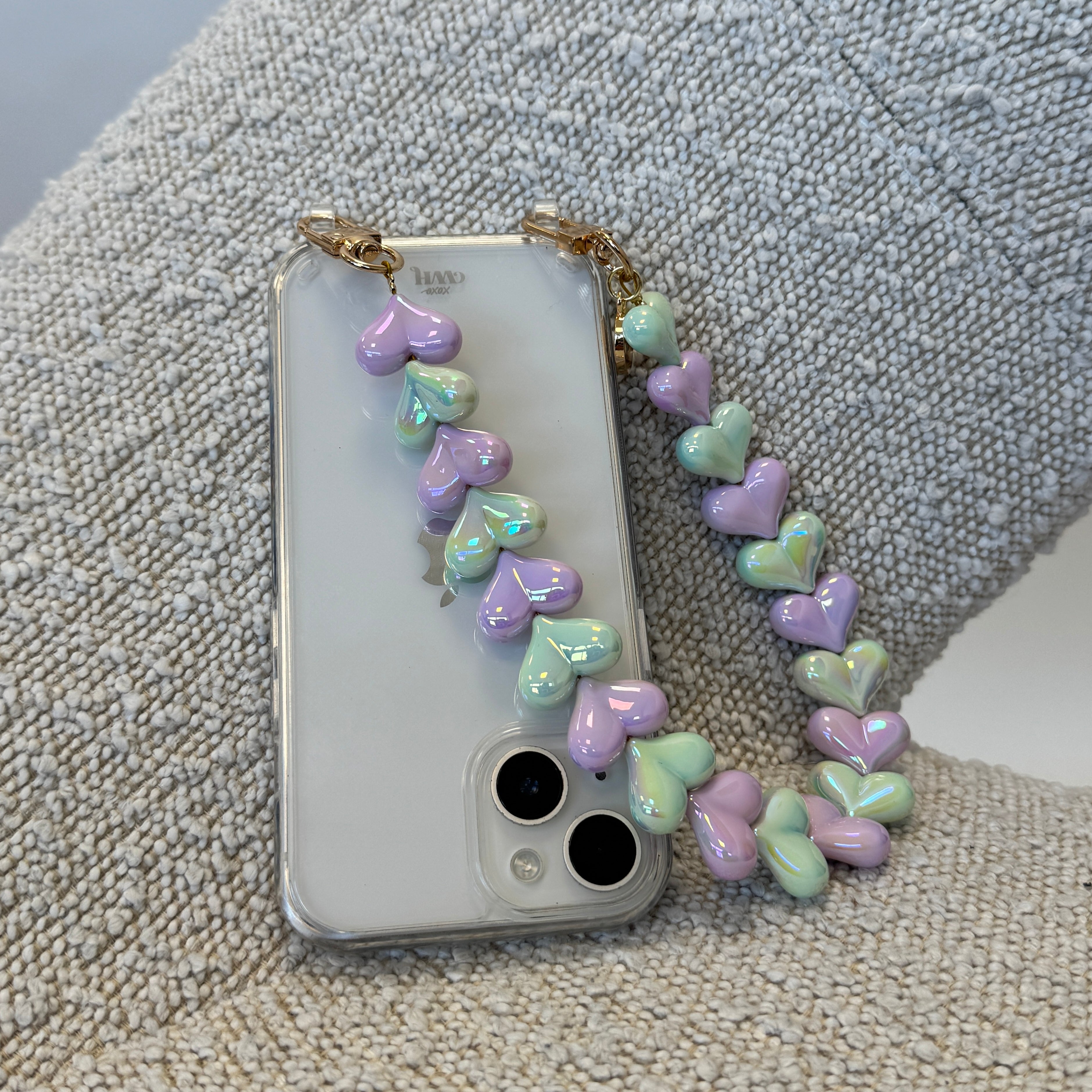 xoxo Wildhearts iPhone 14 Pro - Funky Hearts (Purple & Green Metallic) Transparant Cord Case