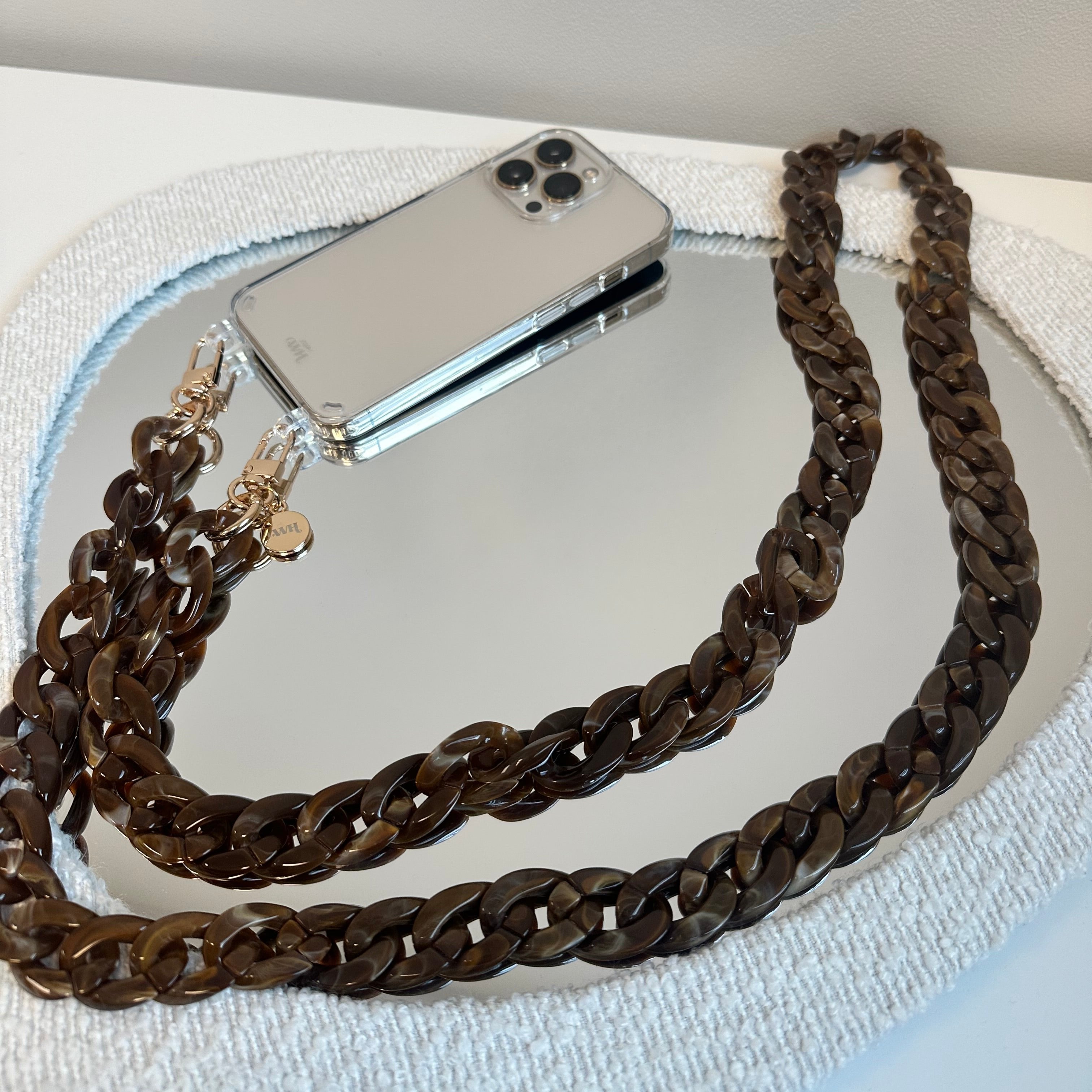 xoxo Wildhearts - iPhone 14 Pro Max - Brown Chocolate Transparant Cord Case - Long Cord