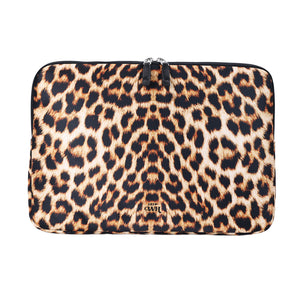 13-14 inch laptop sleeve met wilde luipaardprint, dubbele rits en xoxo GWH logo.