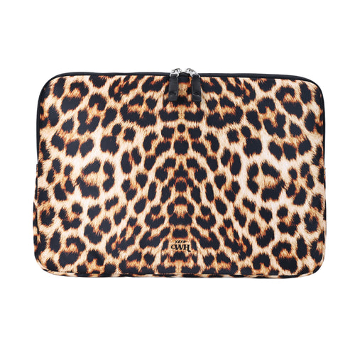 13-14 inch laptop sleeve met wilde luipaardprint, dubbele rits en xoxo GWH logo.