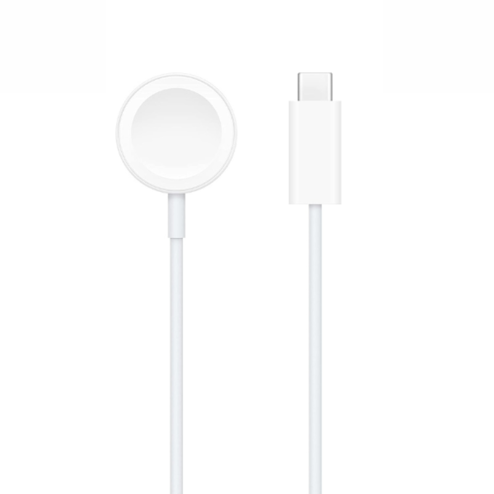 Witte Apple Watch USB-C oplaadkabel met magnetische ronde lader en rechthoekige USB-C connector.