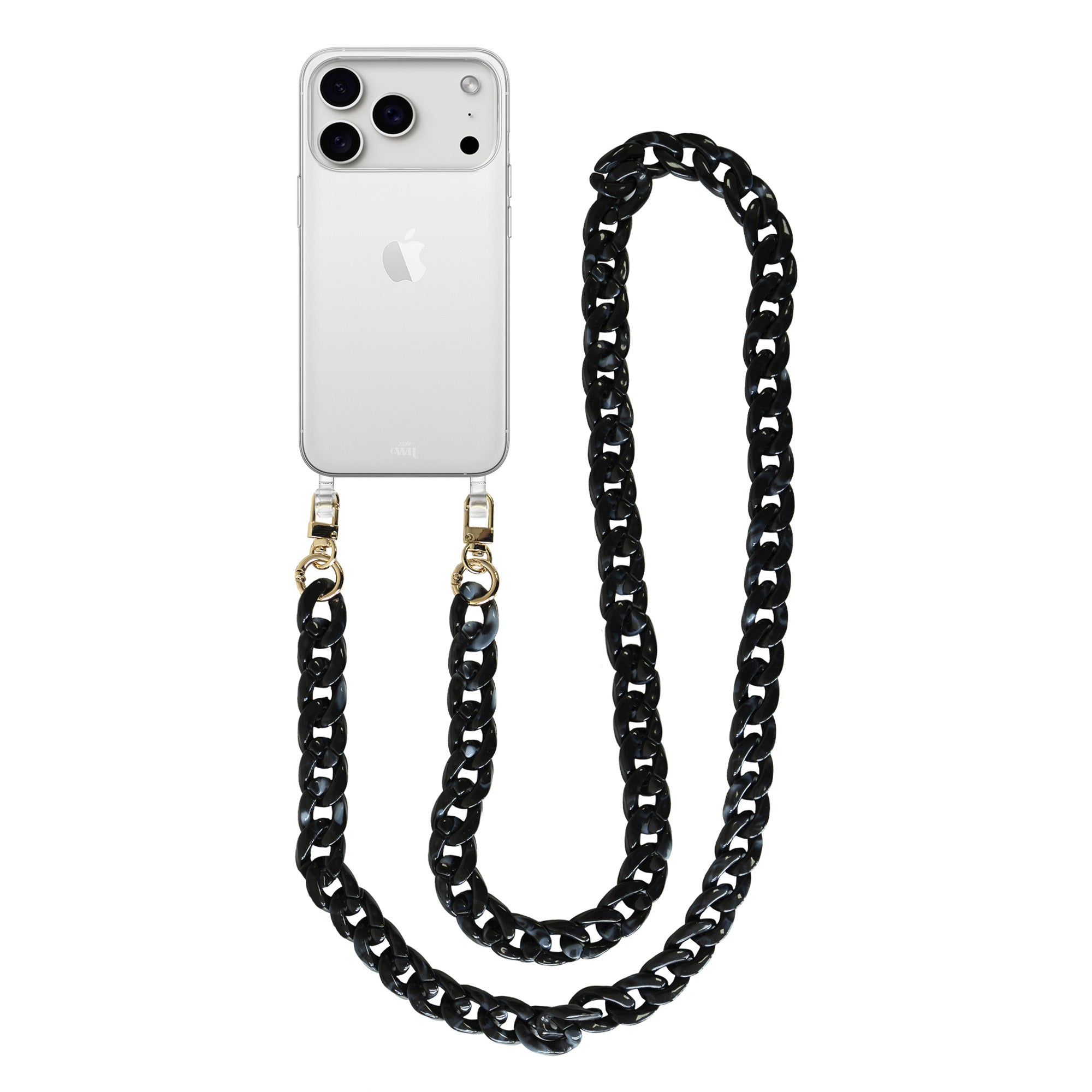 xoxo Wildhearts iPhone 17 Pro - Marble Black Transparant Cord Case - Long Cord