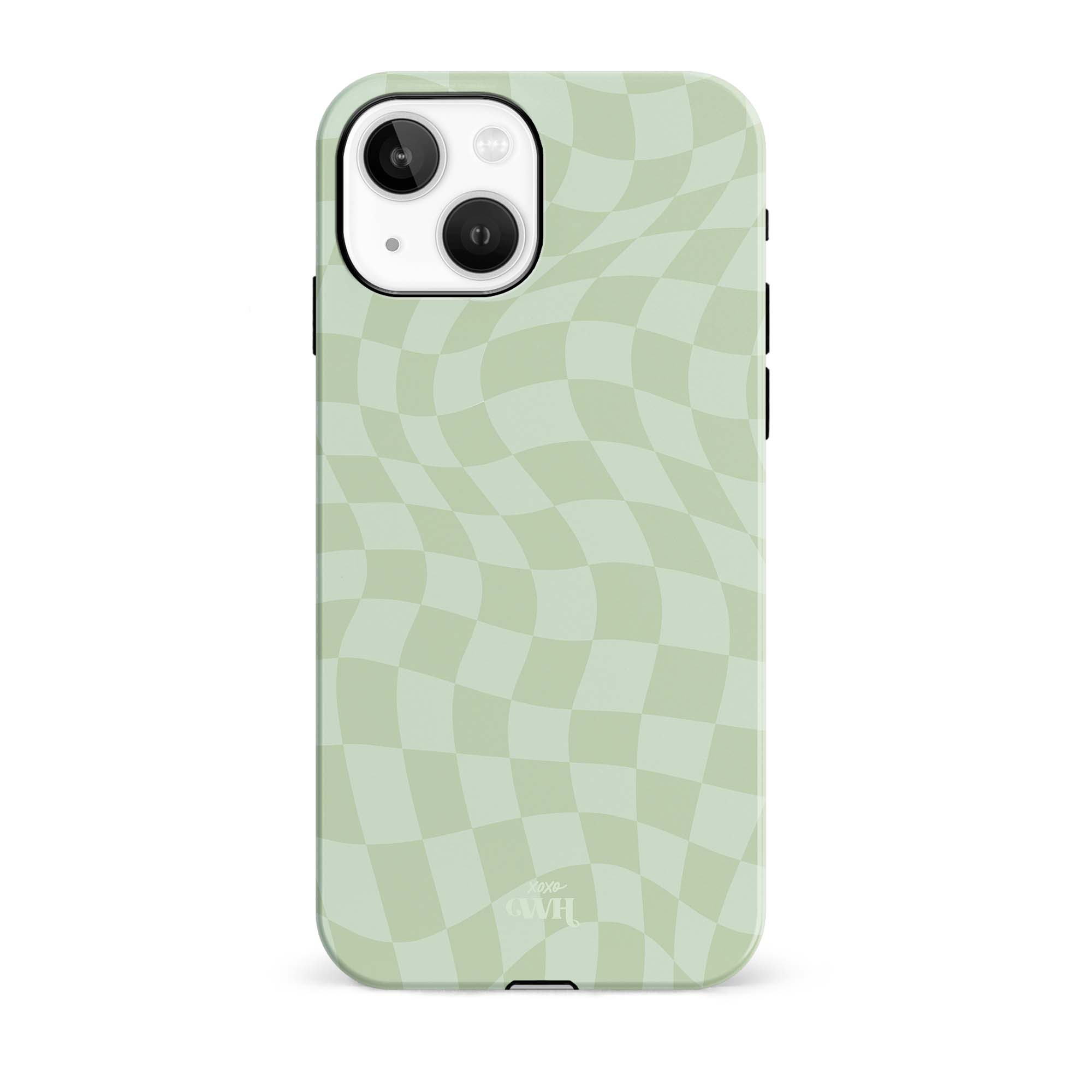 Mat licht- en donkergroen geblokt Pretty Pistache iPhone 15 Plus hoesje met golvend patroon.