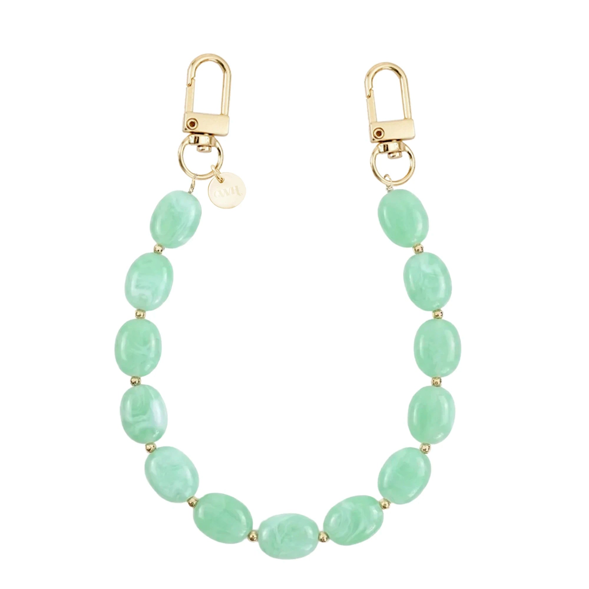 Kort Ocean Mint polskoord met mintgroene kralen en gouden sluitingen.