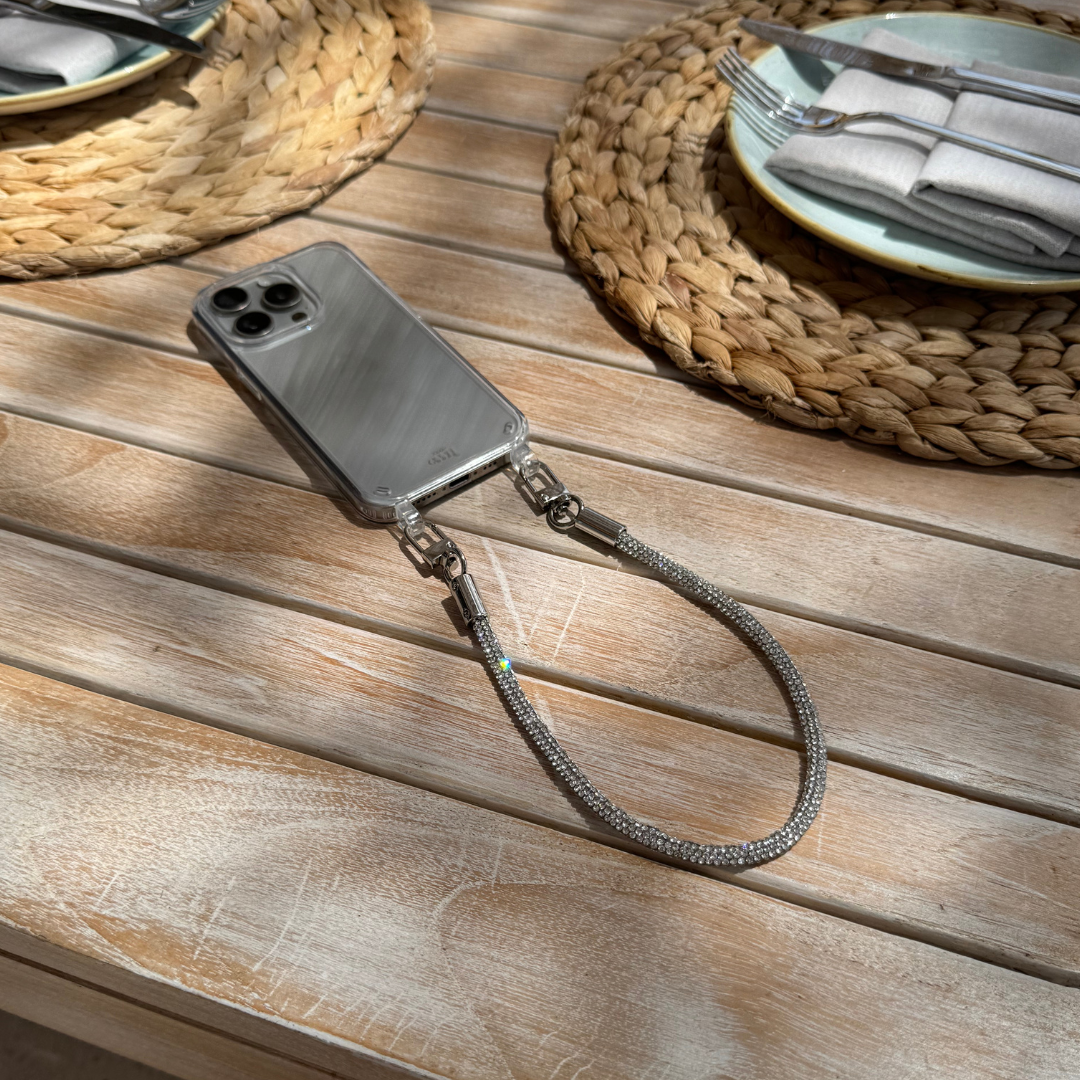 xoxo Wildhearts - iPhone 14 - Silver Diamonds Transparant Cord Case