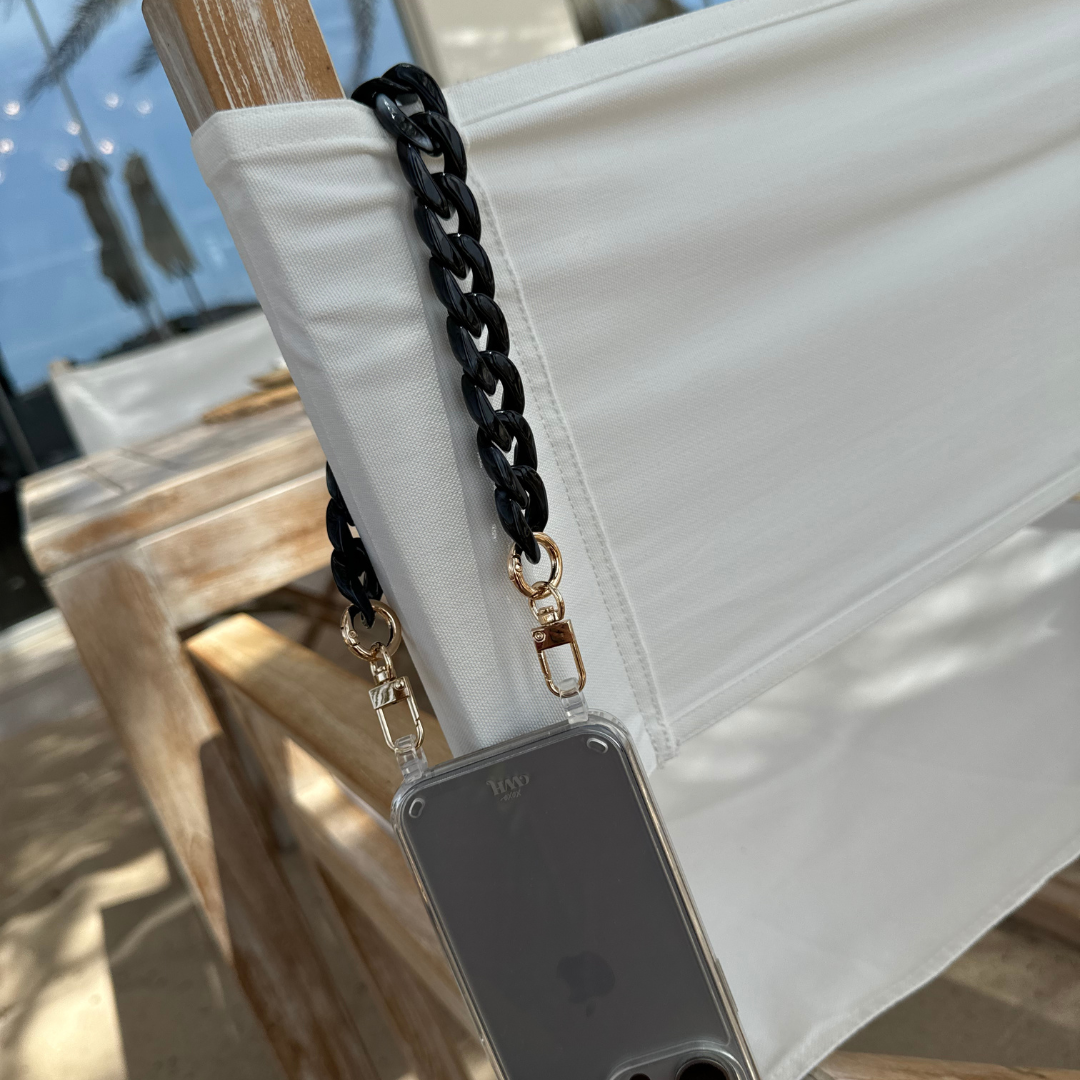 xoxo Wildhearts - iPhone 15 - Marble Black Transparant Cord Case - Short Cord