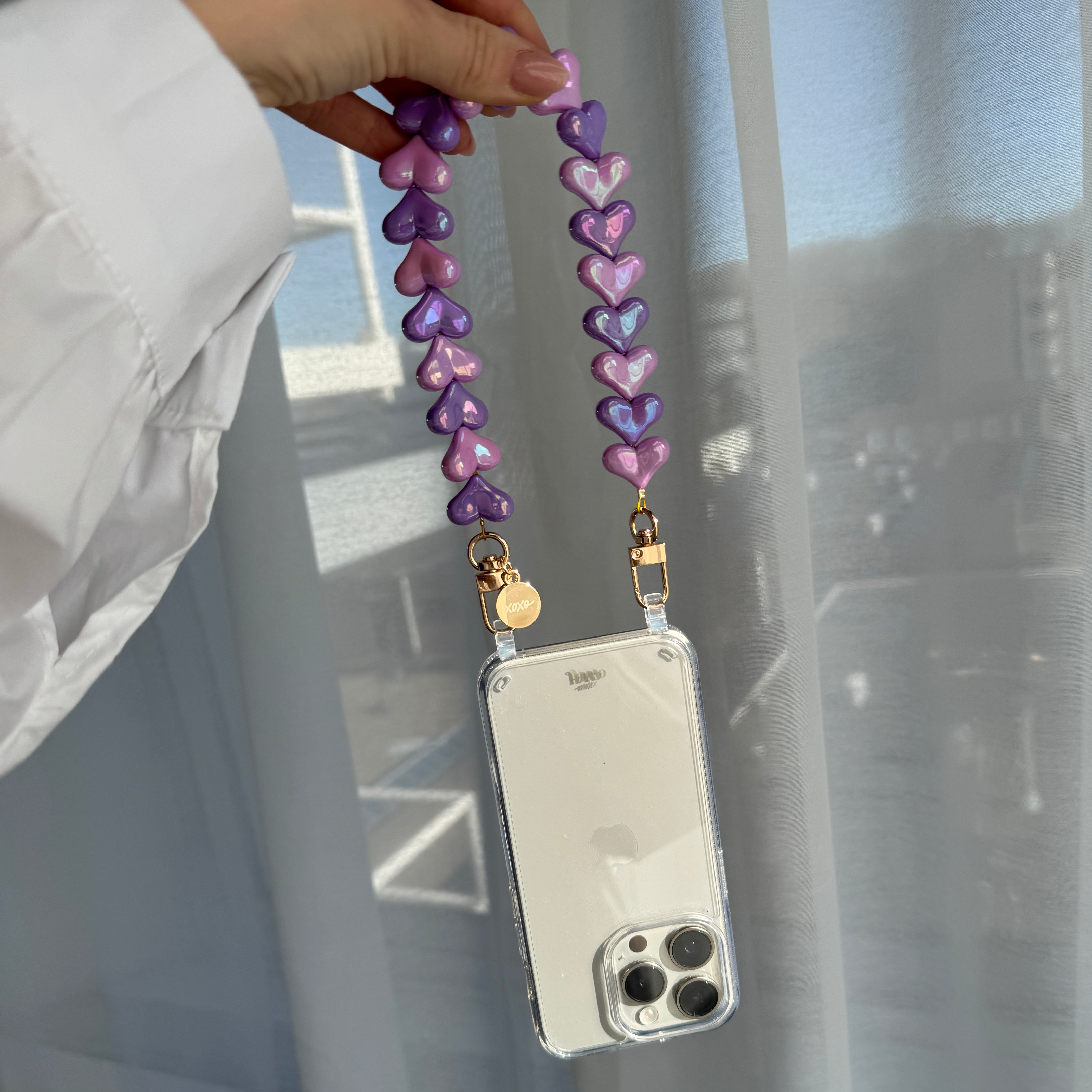 xoxo Wildhearts iPhone 13 - Funky Hearts (Pink & Purple Metallic) Transparant Cord Case