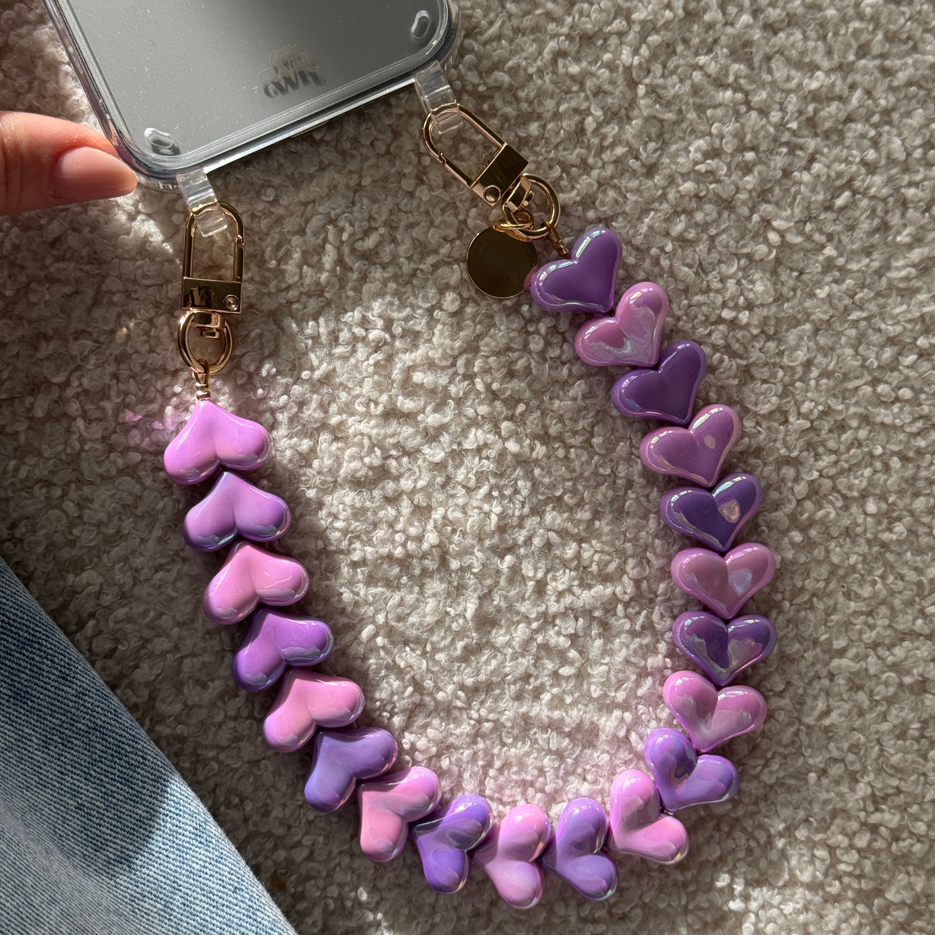 xoxo Wildhearts iPhone 14 Pro - Funky Hearts (Pink & Purple Metallic) Transparant Cord Case