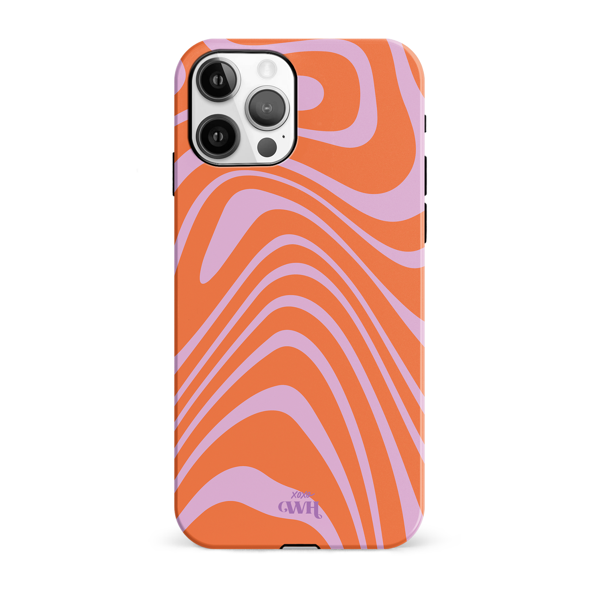 iPhone 11 Pro hoesje met oranje en paarse golvende print, gemaakt van hard kunststof.