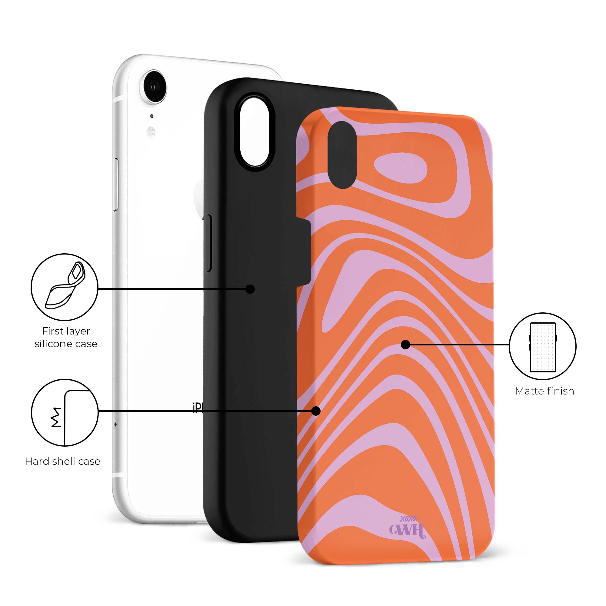 xoxo Wildhearts - xoxo Wildhearts telefoonhoesje geschikt voor iPhone XR met AirPods Pro (2) hoesje - set - Boogie Wonderland Orange - Double Layer - Telefoonhoesje met dubbele beschermlaag - Hoesje met golvend patroon - Golven - Oranje met Paars
