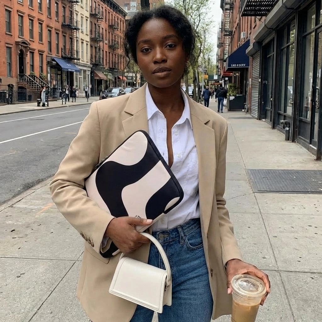 Vrouw met 13-14 inch laptop sleeve "Ride With Me" in zwart-wit abstract design, beige blazer en jeans.