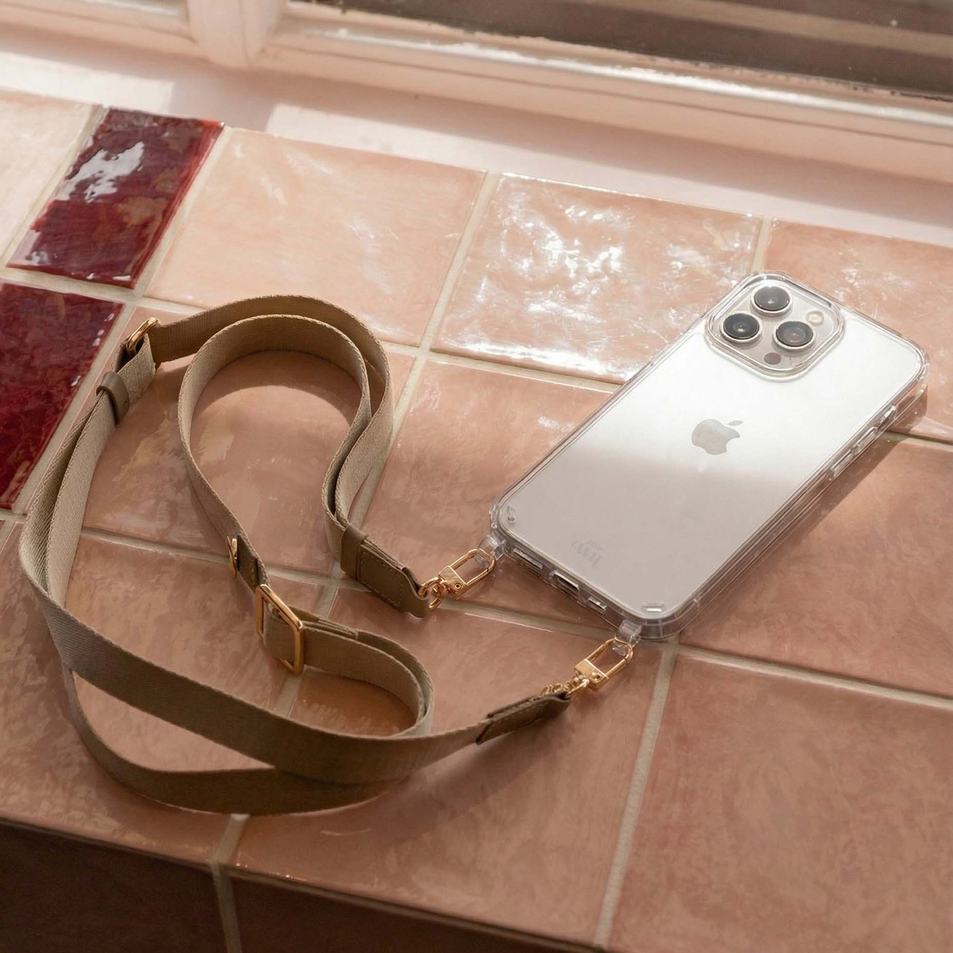 iPhone 13 Mini - Lanyard strap - Beige - Transparant Cord Case