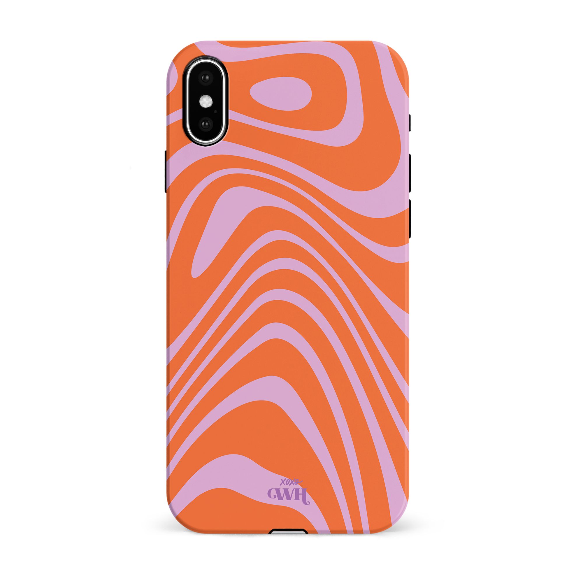Oranje en paars iPhone X/XS hoesje met groovy wervelpatroon en "xoxo GWH" logo.