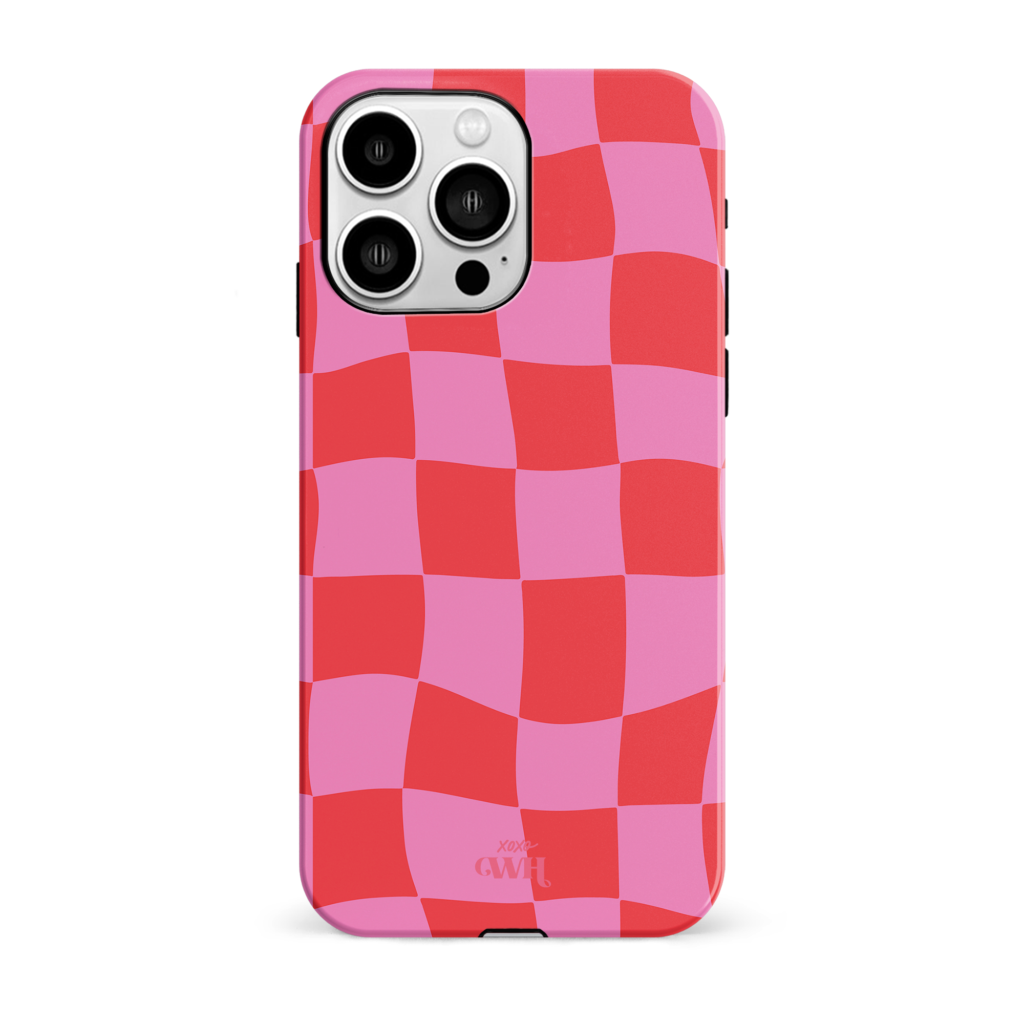 iPhone 13 Pro hoesje met roze en rood golvend blokjespatroon en xoxo GWH logo.