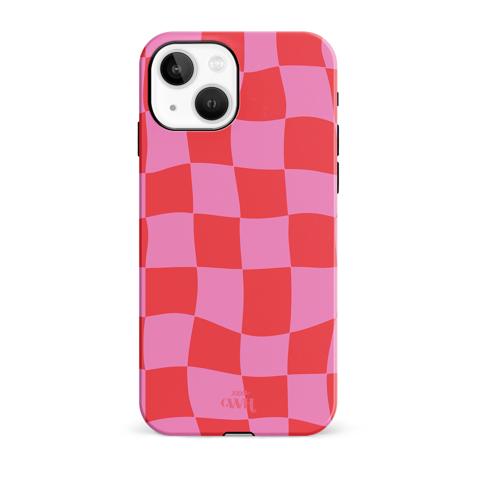 Roze en rood geblokt iPhone 14 Plus hoesje van stevig hard kunststof met golvend patroon.
